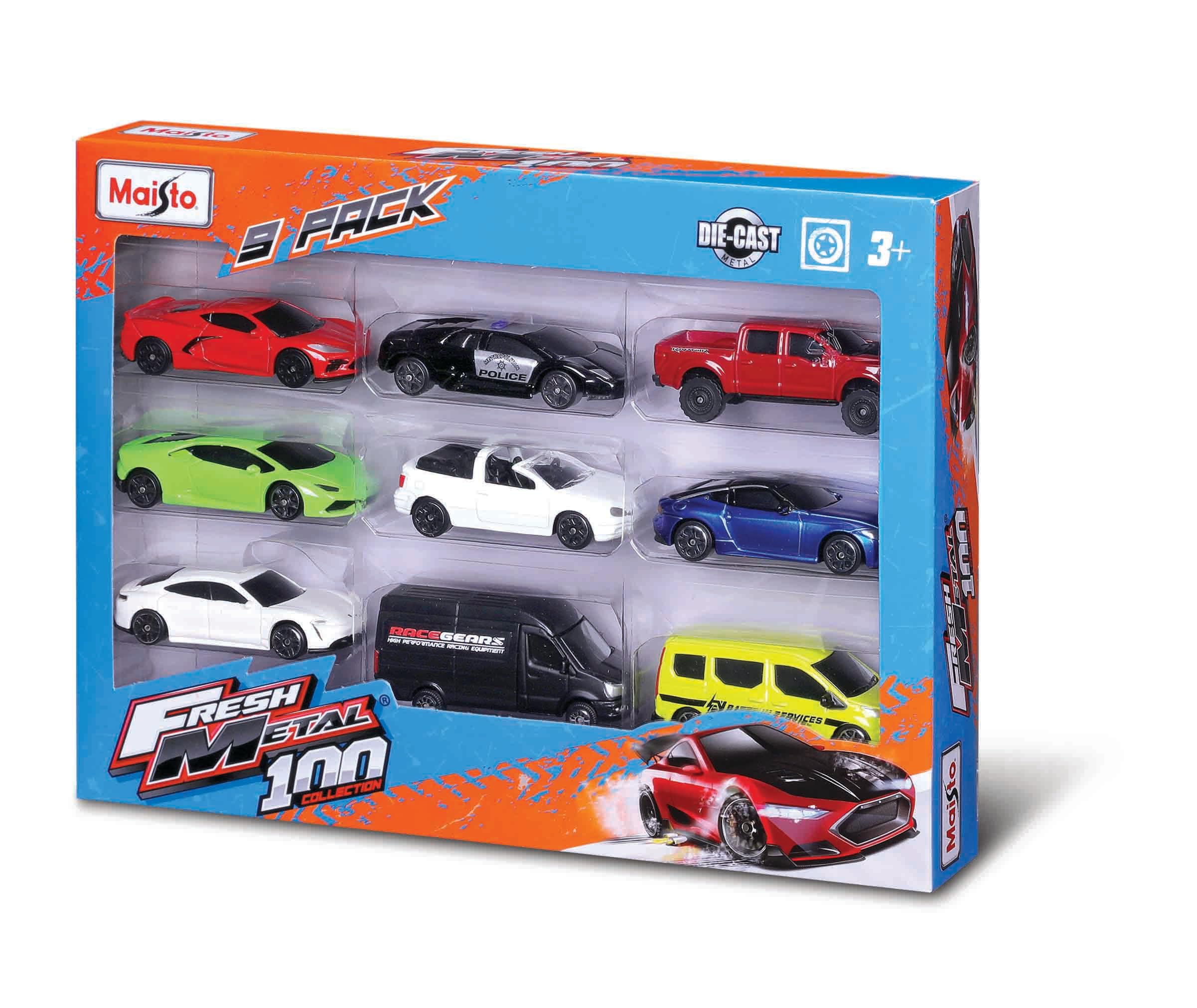 Tobar 11077 Maisto FRESH METAL 9-częściowy zestaw – niezwykle szczegółowa replika modelu kolekcjonerskiego pojazdu, wielokolorowa