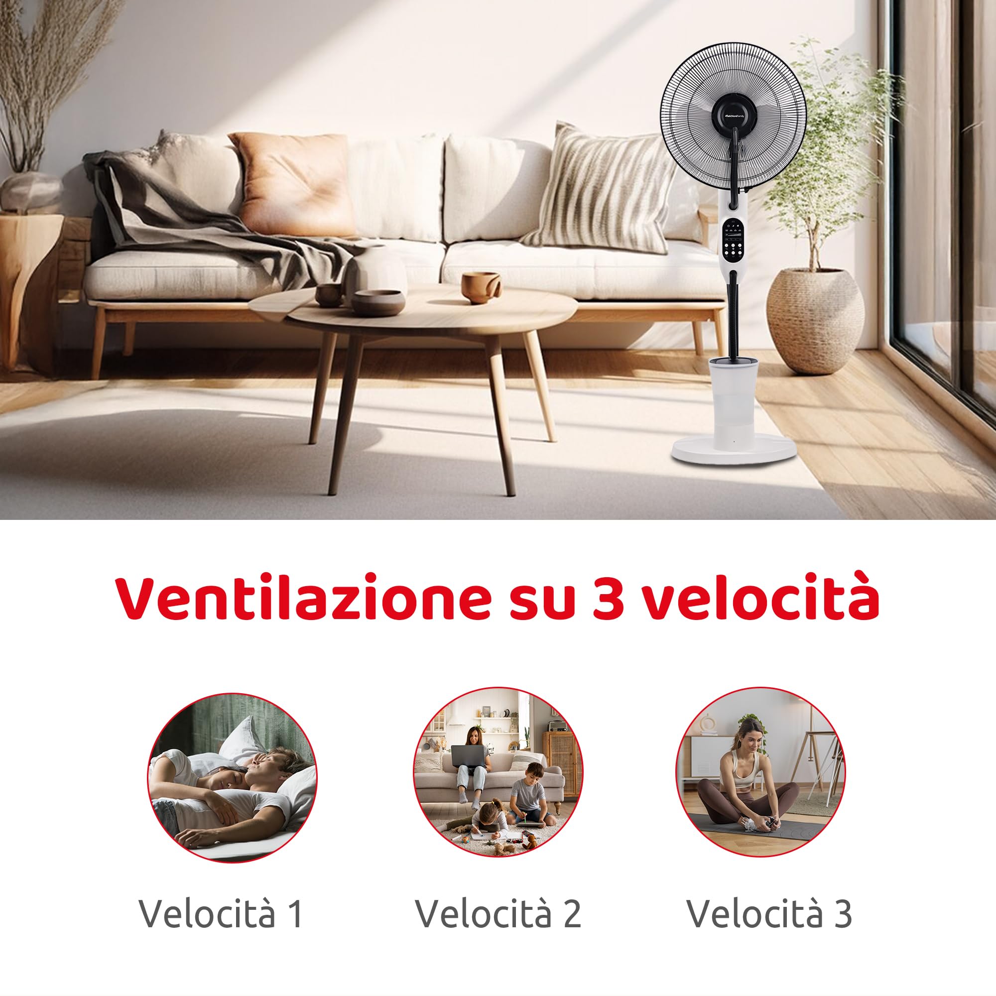 Melchioni Family | Ventilatore Nebulizzatore con Telecomando, Ventilatore da Terra con 3 Pale, 3 Modalità, Serbatoio 2,8 l fino a 8 Ore