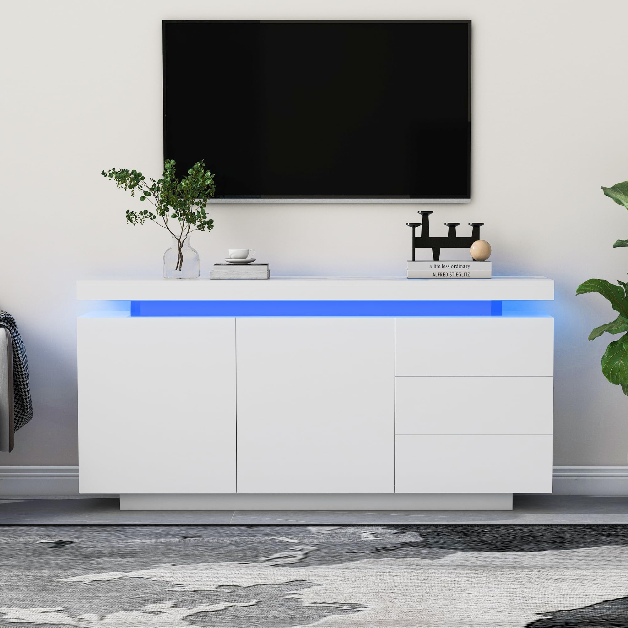 Azkoeesy Blanco Brillo - Aparador 140 cm con iluminación LED, Cómoda con 3 cajones y 2 Puertas, Mueble TV Moderno, Buffet, para salón, Comedor