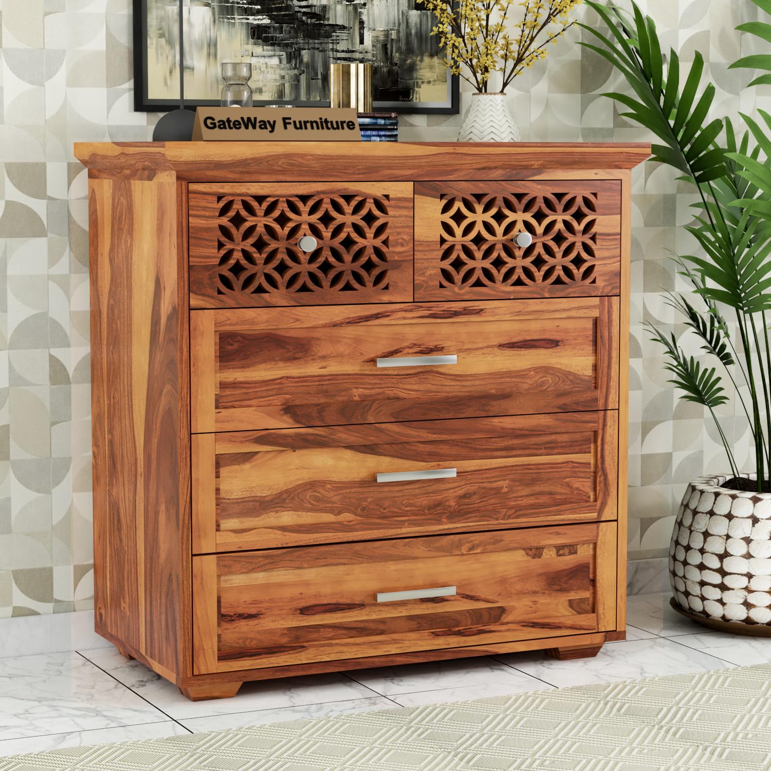 GateWay Furniture Rustic Sheesham Wood Wooden Chest of Drawers with 5 Drawers - Honey Finish for Living Room Storage (Matthew,Honey Finish)