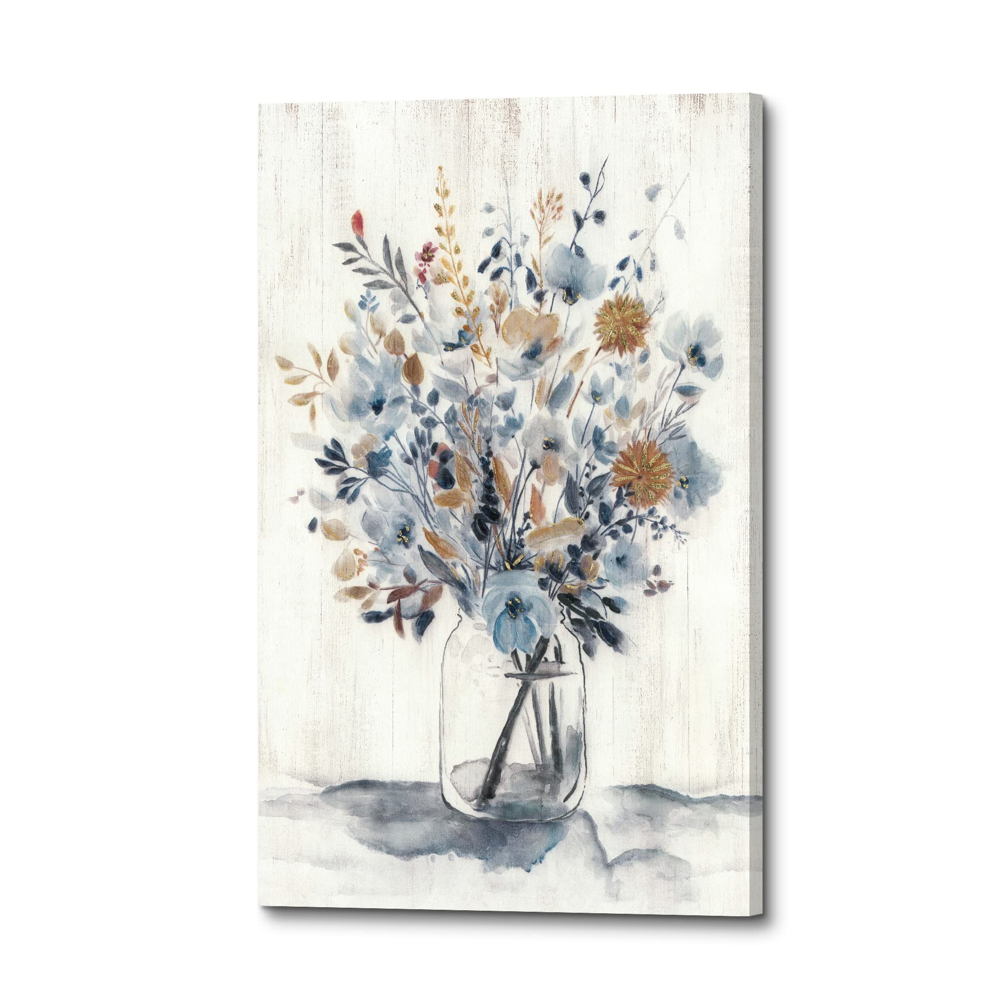 Floral Artwork Abstract Wall Art - Bouquet Blossoms in Mason Jar Gallery Painting Rustic Watercolor Flowers Picture Print on Canvas with Gold Foil for Modern Bedroom Living Room Office