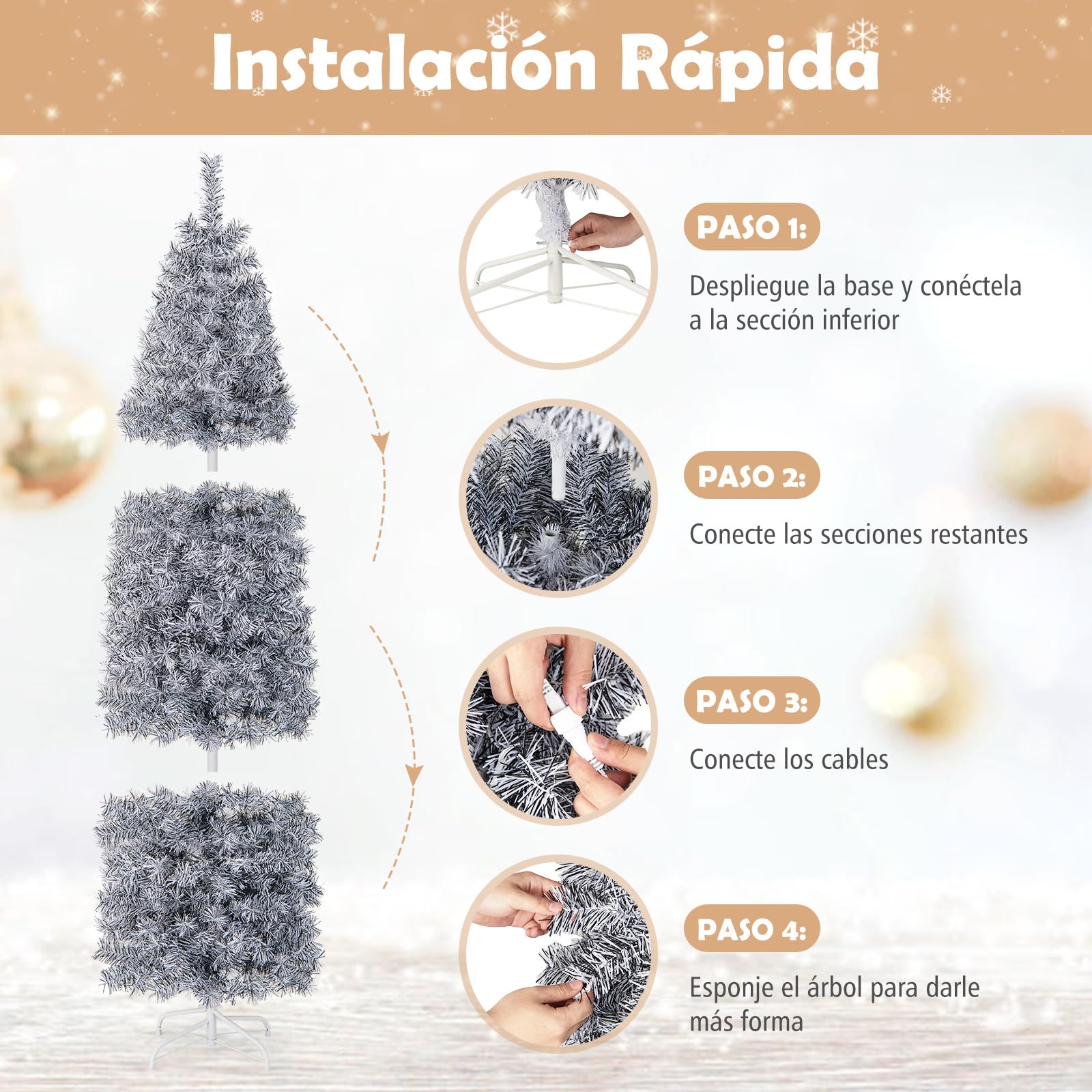 COSTWAY Árbol de Navidad Blanco y Negro 180cm, Arbol de Navidad Slim/Estrecho con Luces Incorporadas, 250 Luces Blancas Frías, 475 Ramas de PVC y Pet, Arvore de Natal Soporte de Metal Casa/Oficina