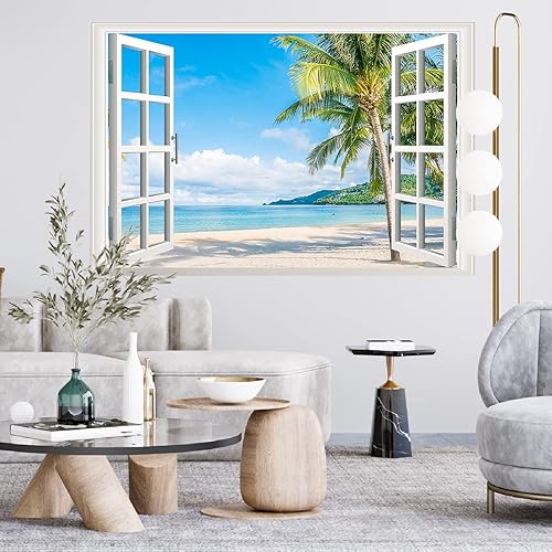 Calcomanías de pared para ventana de palmera de playa calcomanías de pared de hojas de palmera de paisaje marino póster de ventana de imitación