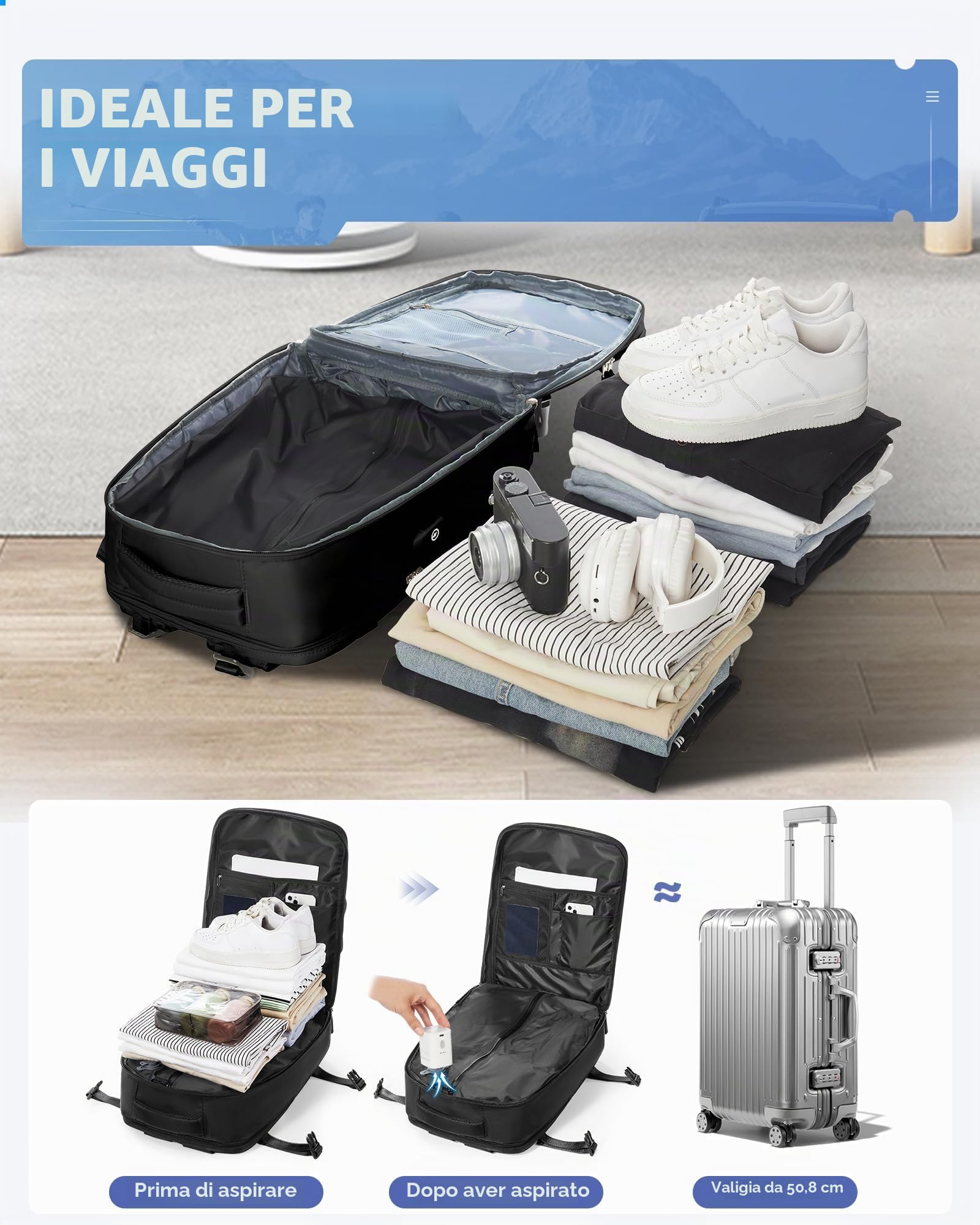 Zaino da Viaggio con Sottovuoto con Pompa Zaino Easyjet 45x36x20 baggalio mano Sottovuoto con Compressione per uomo e donna, Nero