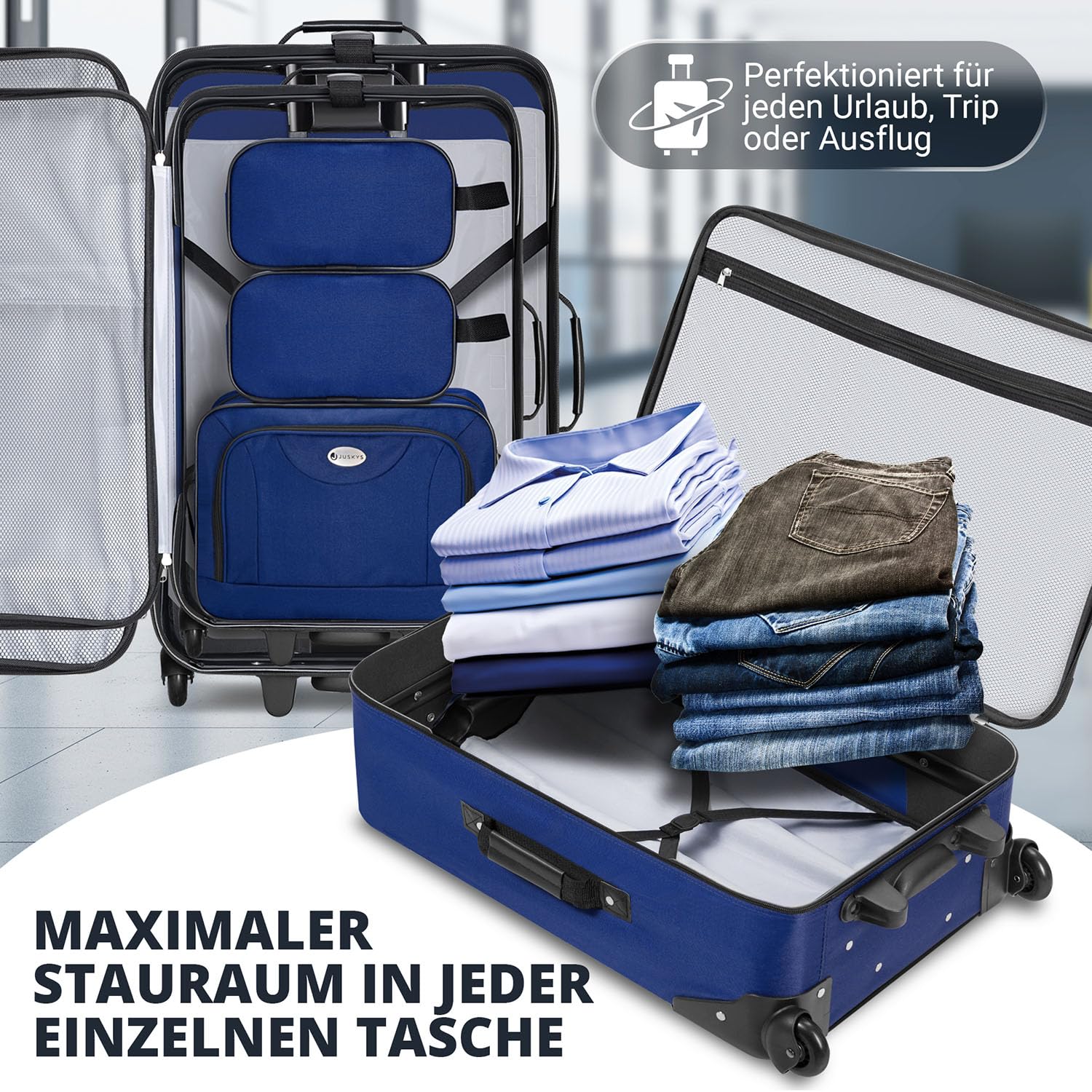 Juskys Trolley - Maletín de viaje (5 piezas, 60 y 34 litros, 2 ruedas, funda suave, tela impermeable, mango telescópico, equipaje de mano, 2 maletas), azul, 5-teilig, Juego de maletas