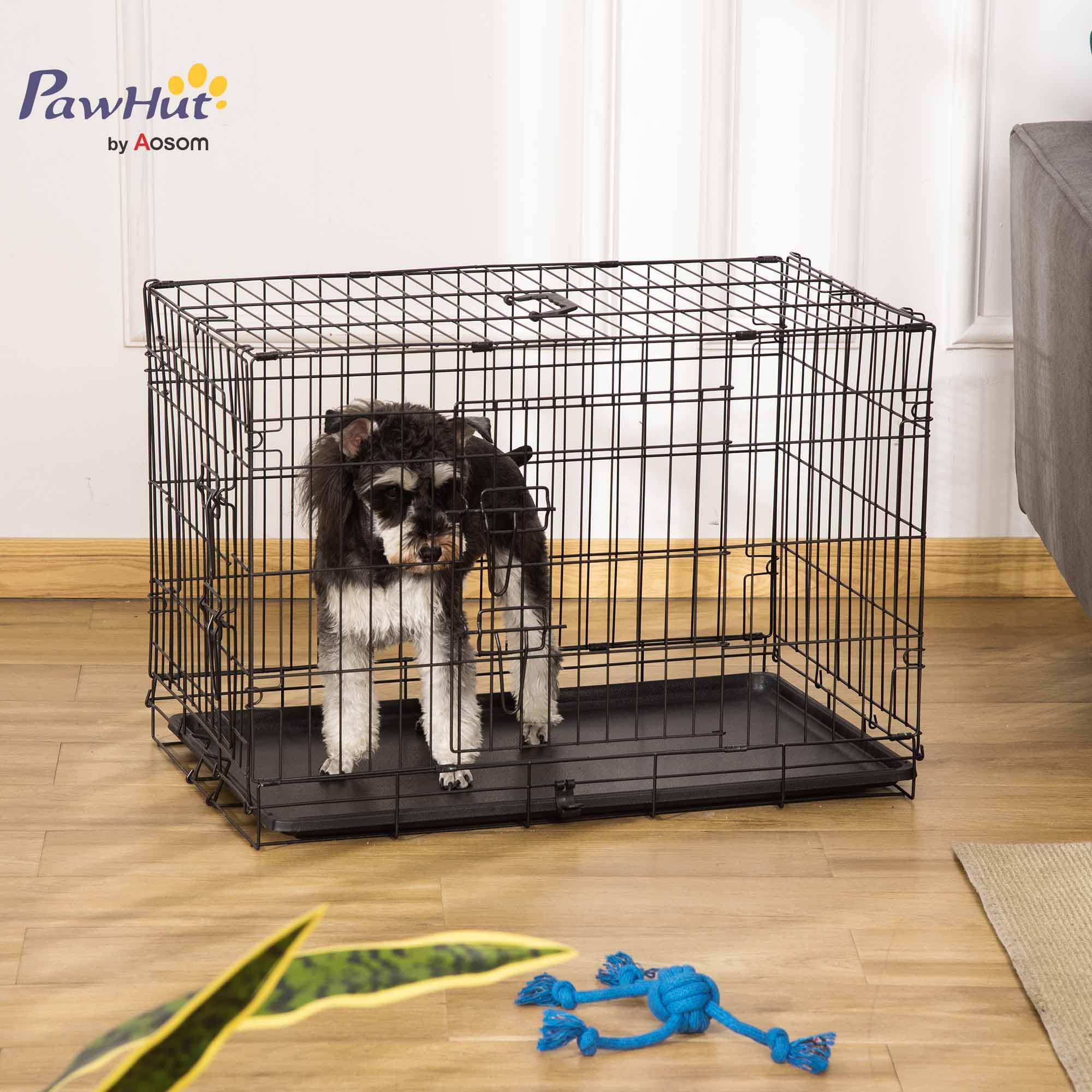 PawHut Jaula para Perros Plegable Transportín para Perros con 2 Puertas Bandeja Extraíble y Asa de Transporte 76x46x52 cm Negro