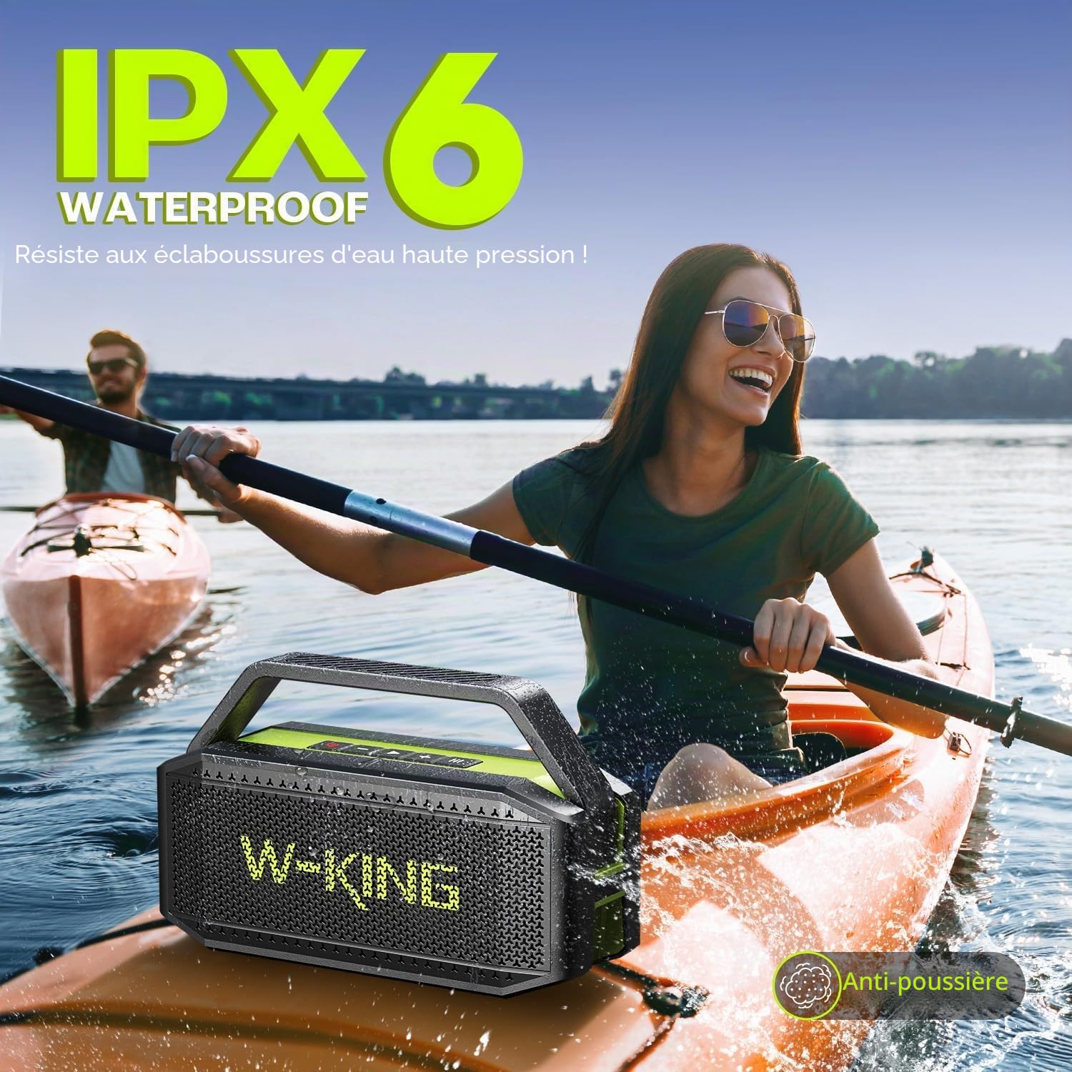 W-KING Enceinte Bluetooth Puissante, (100W Max)60W Haut Parleur Chantier Etanche Portable sans Fil Bluetooth Speaker Outdoor Boombox avec des Deep Bass, Powerbank, Autonomie 40 Hrs, AUX, Carte TF, EQ