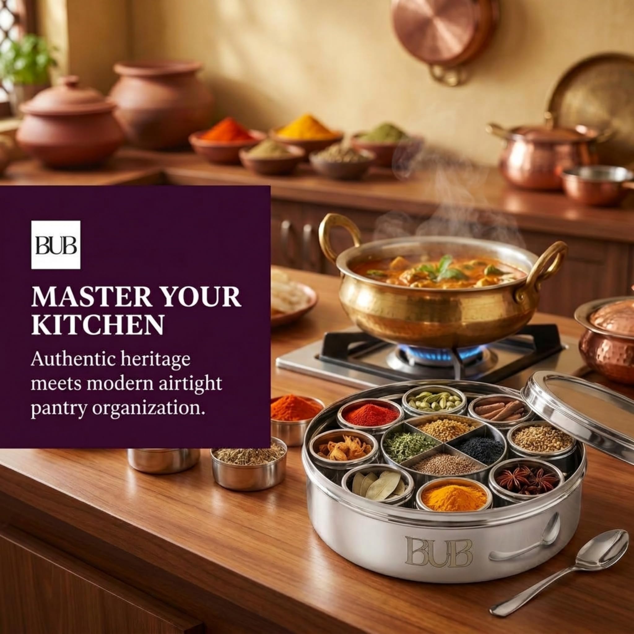 Bub: Lata grande de especias Masala Dabba de 22 cm, 9 tarros de especias con tapas individuales, capacidad para 12 especias, acero inoxidable pulido con cuchara para servir y tapas acrílicas