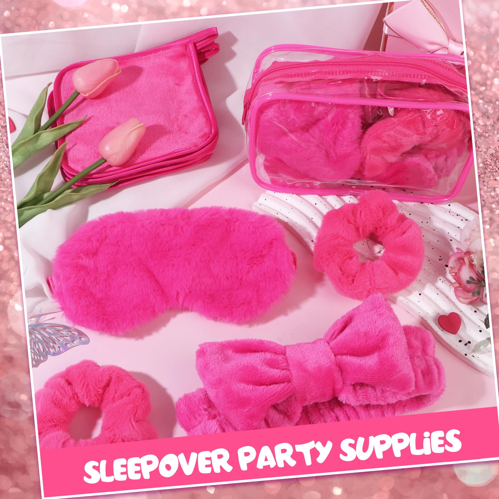 30 piezas de suministros de fiesta de pijamas para niñas, incluye 6 diademas de maquillaje con lazo, 6 antifaz de felpa para dormir, 6 coleteros de terciopelo, 6 paños desmaquillantes, 6 bolsas de