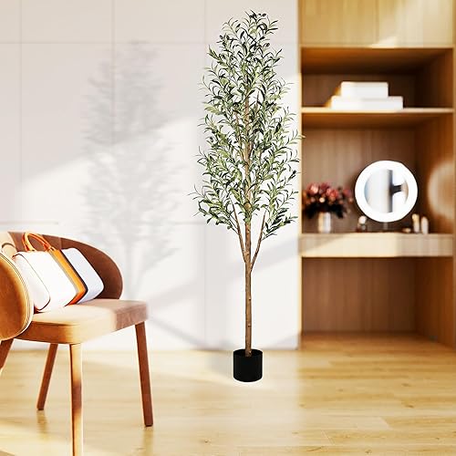 Miniatura 2 de Sunnyglade Árbol de olivo artificial de 6 pies, plantas en maceta de seda sintética para interiores, tronco de madera natural y ramas realistas,