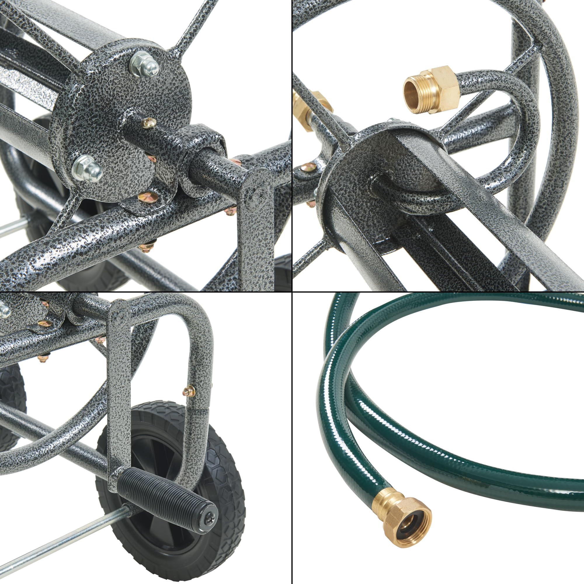 pro.tec Schlauchwagen für 3/4 Zoll Schlauch bis zu 65 m Metall Gartenschlauchwagen ohne Schlauch Schlauchtrommel mit Reifen rollbar Schlauchaufroller mit Handkurbel 84 x 48 x 93 cm Grau