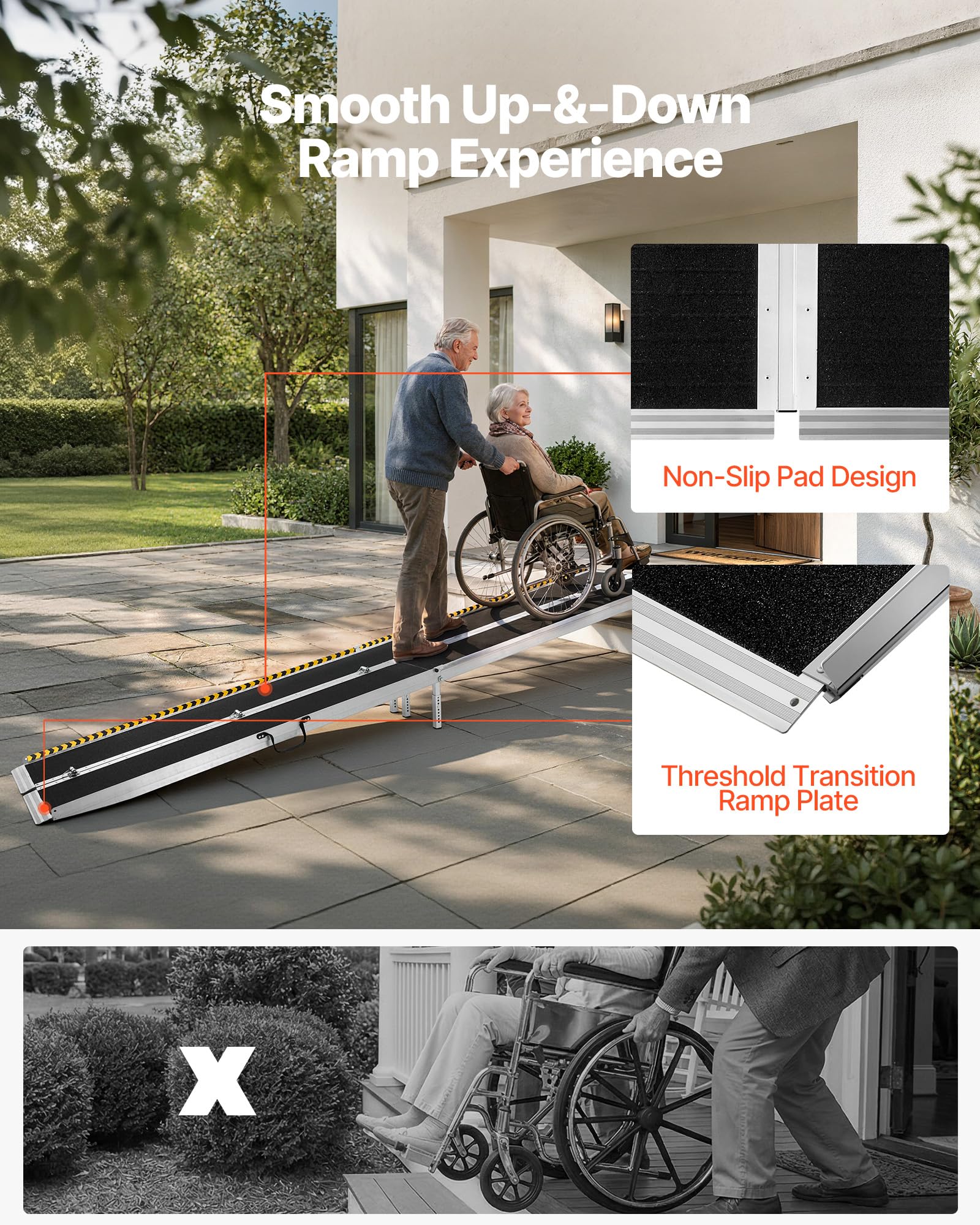 VEVOR Rampa para Silla de Ruedas Plegable Antideslizante 3640 x 735 mm, Rampa de Umbral de Aluminio con Capacidad de Carga 362,9 kg para Escaleras, Puertas, Andadores, Scooters, Entradas y Uso Diario