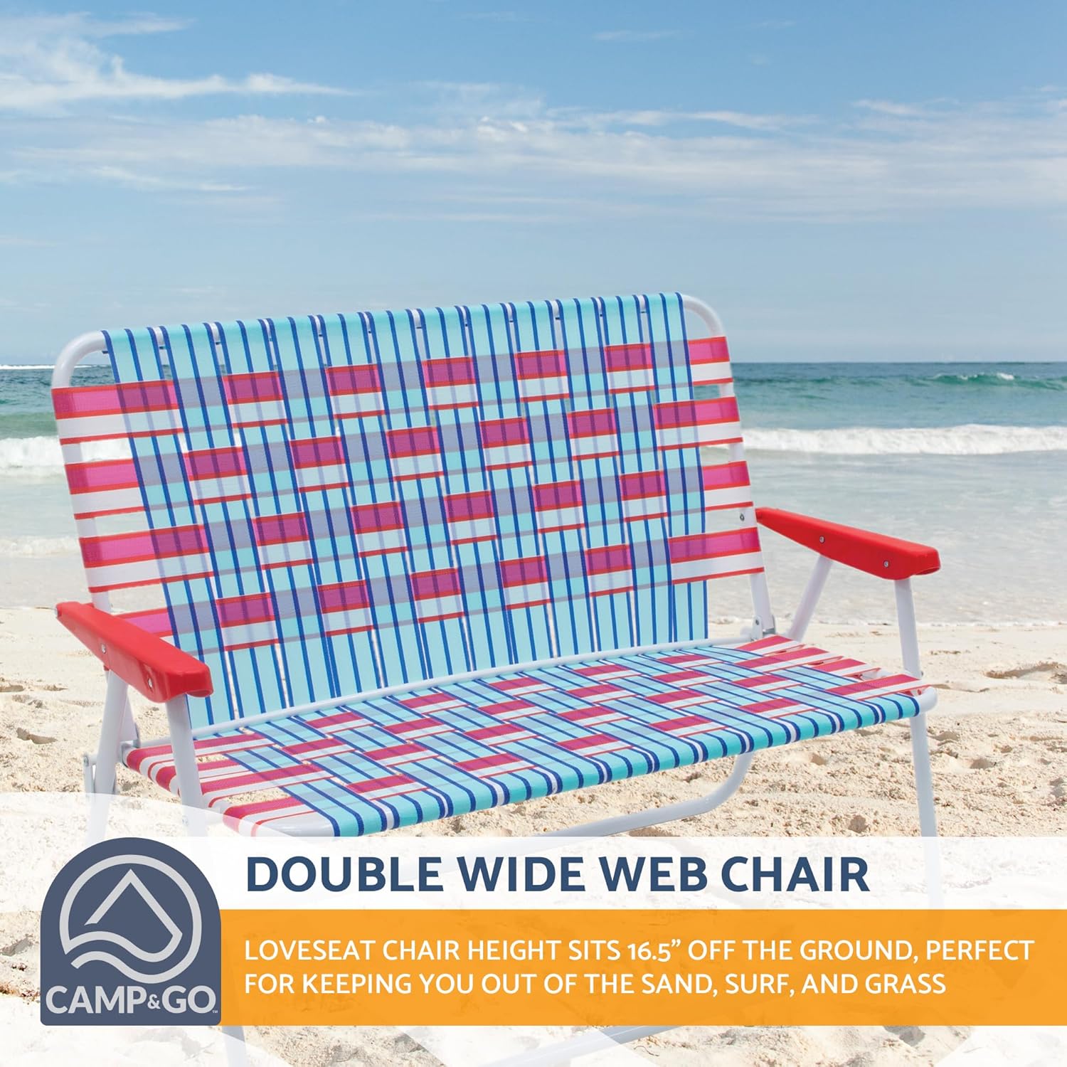 Camp & GO 16.5" High Seat Outdoor Double Wide Loveseat Web Folding Chair, Blue/Red