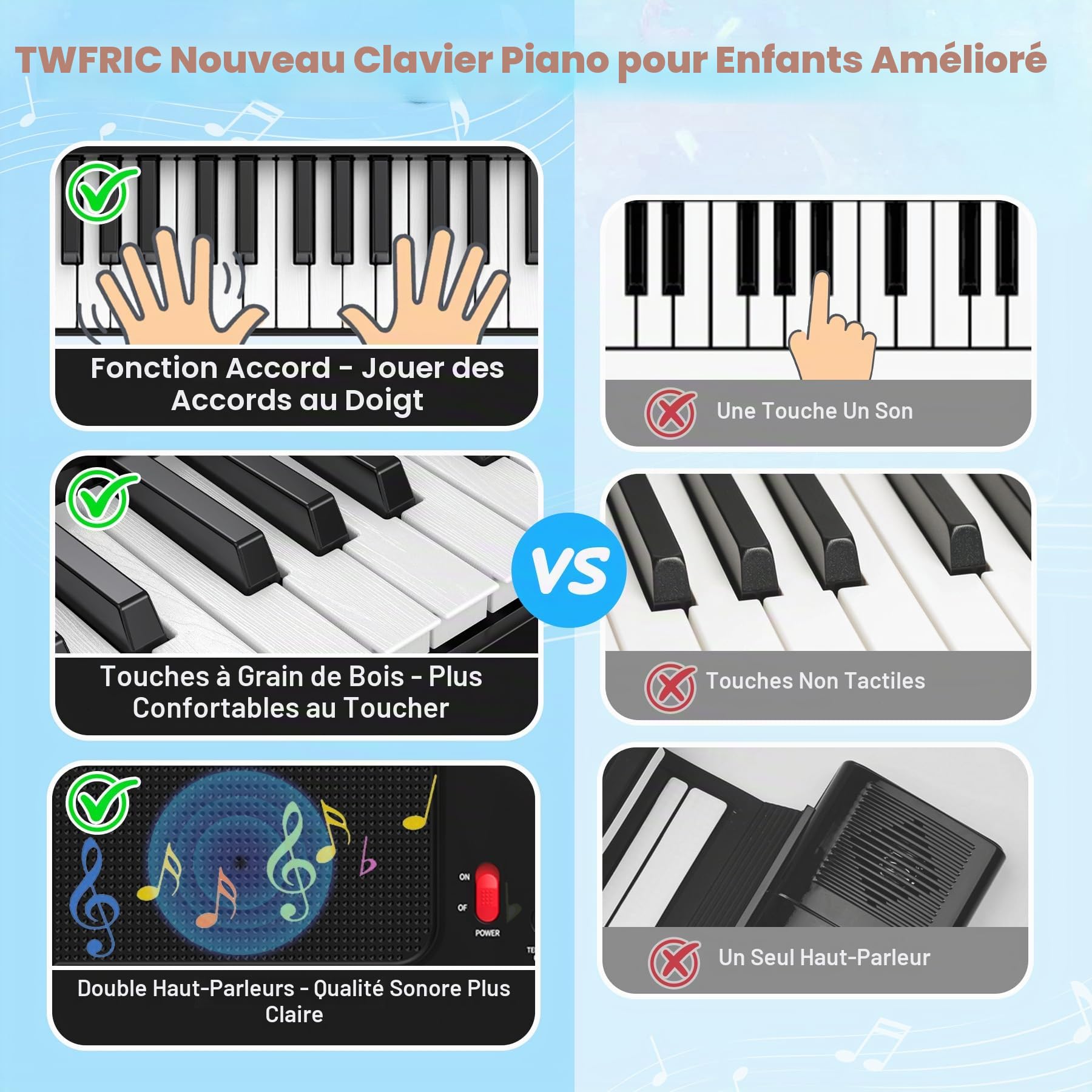 Enfants Piano Clavier 61 Touches Électronique Piano avec Touches Lumineuses