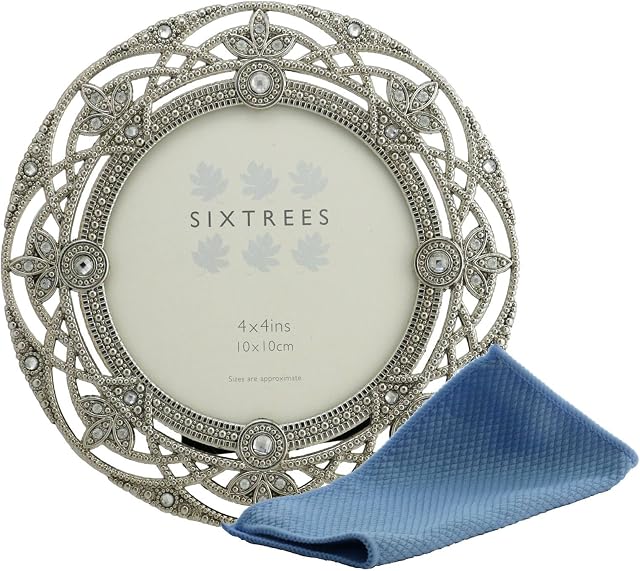 Ornate Vintage Silver & Crystal Round Photoframe for a 4" Picture - Helena by Sixtrees.. Complete with our Microfibre cleaning cloth..