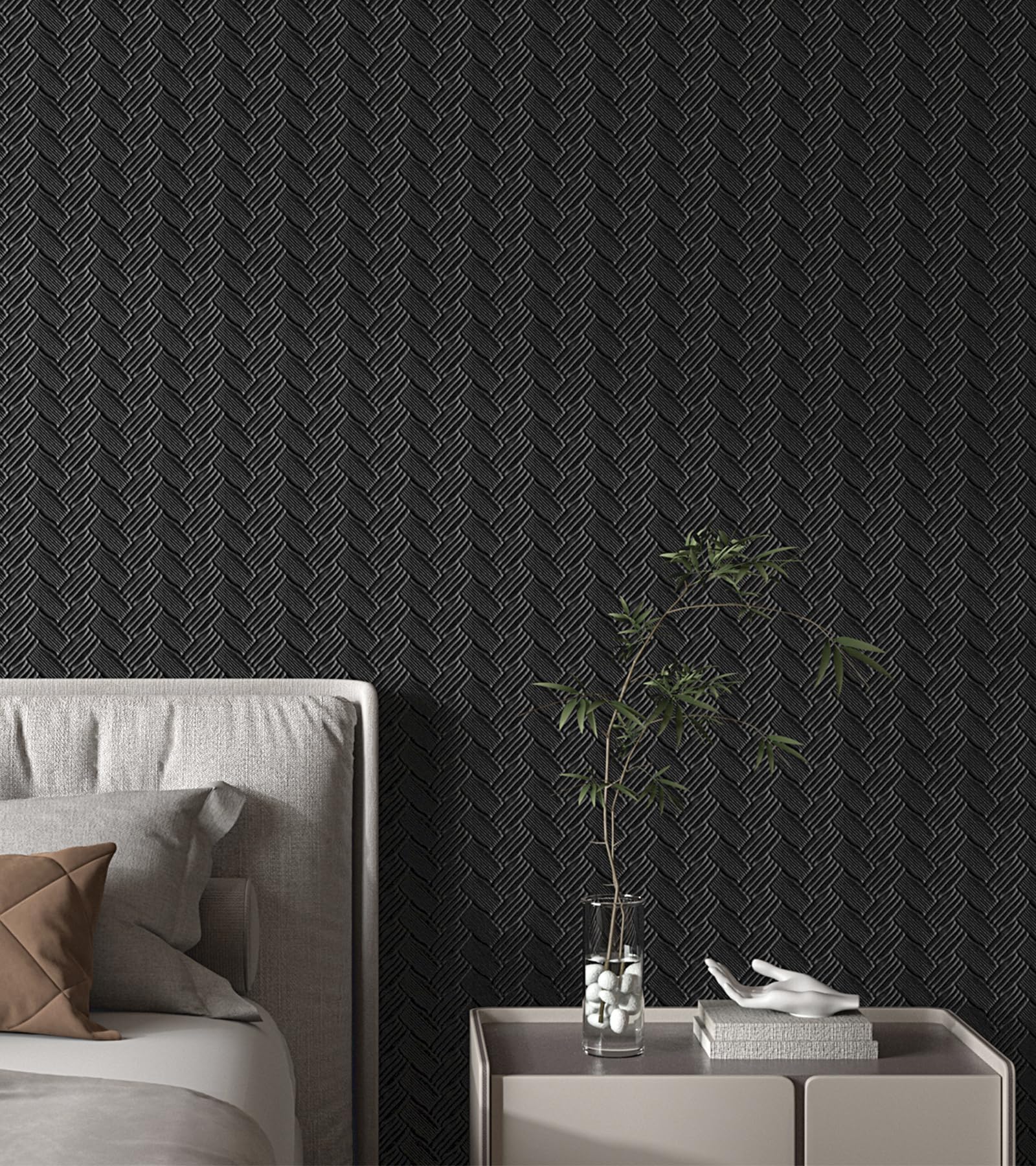 Decotalk Textured Wallpaper Black 17.7"x200" Grasscloth Wallpaper Textured Weaving Pattern Dark Vinyl Peel and Stick Dark Wall Paper for Wall Black