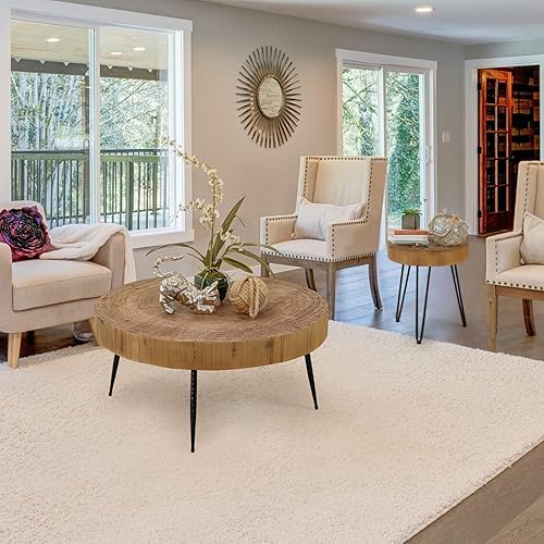 Miniatura 5 de RUSTOWN Juego de 2 mesas auxiliares redondas de granja, juego de mesa de cóctel, moderno círculo de madera natural, juego de mesa auxiliar y