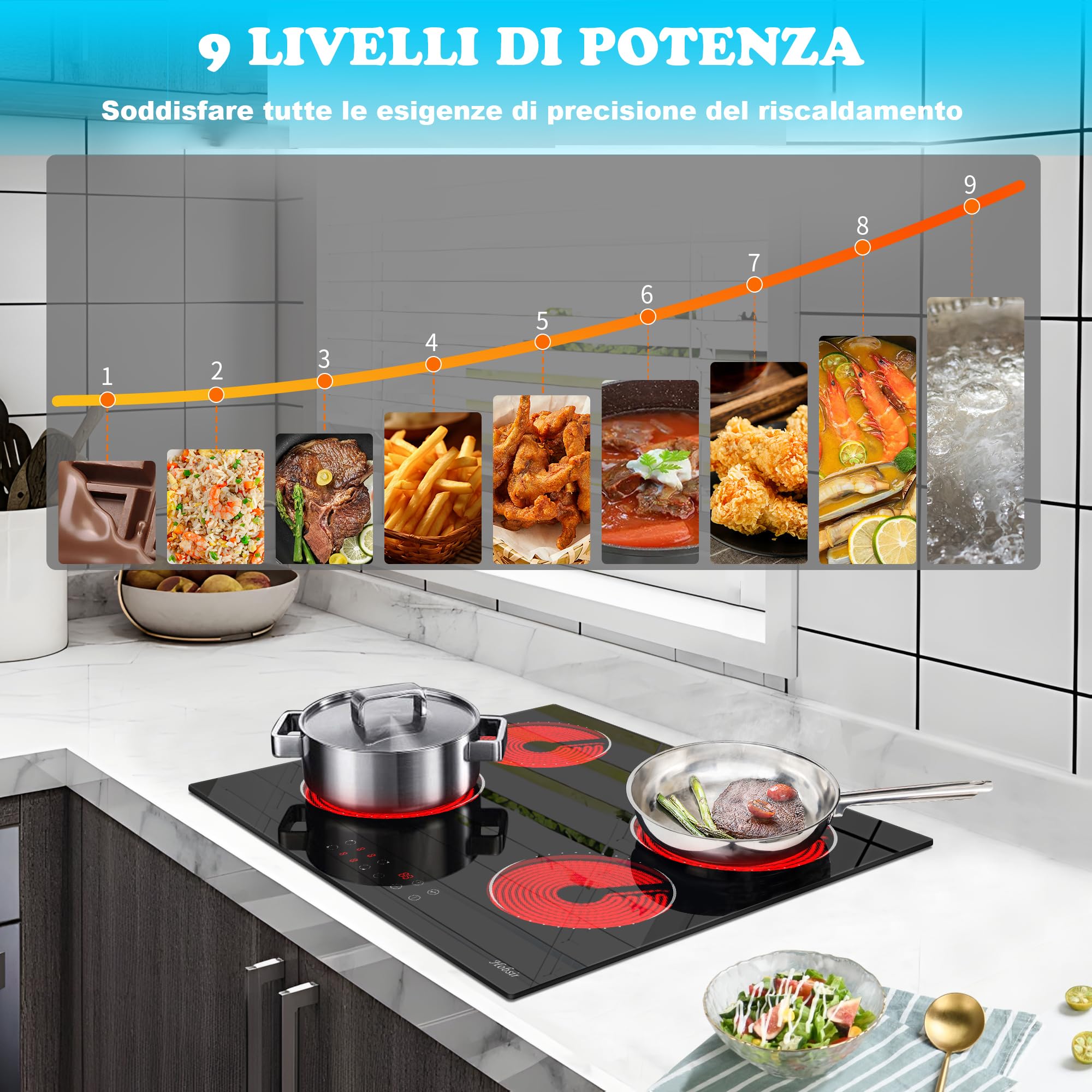 Hobsir Piano Cottura Vetroceramica 4 Fuochi, Piano Cottura Elettrico da incasso 60CM, Piastra Vetroceramica 6000W, 9 Livelli di Potenza, Blocco di Sicurezza, 220V