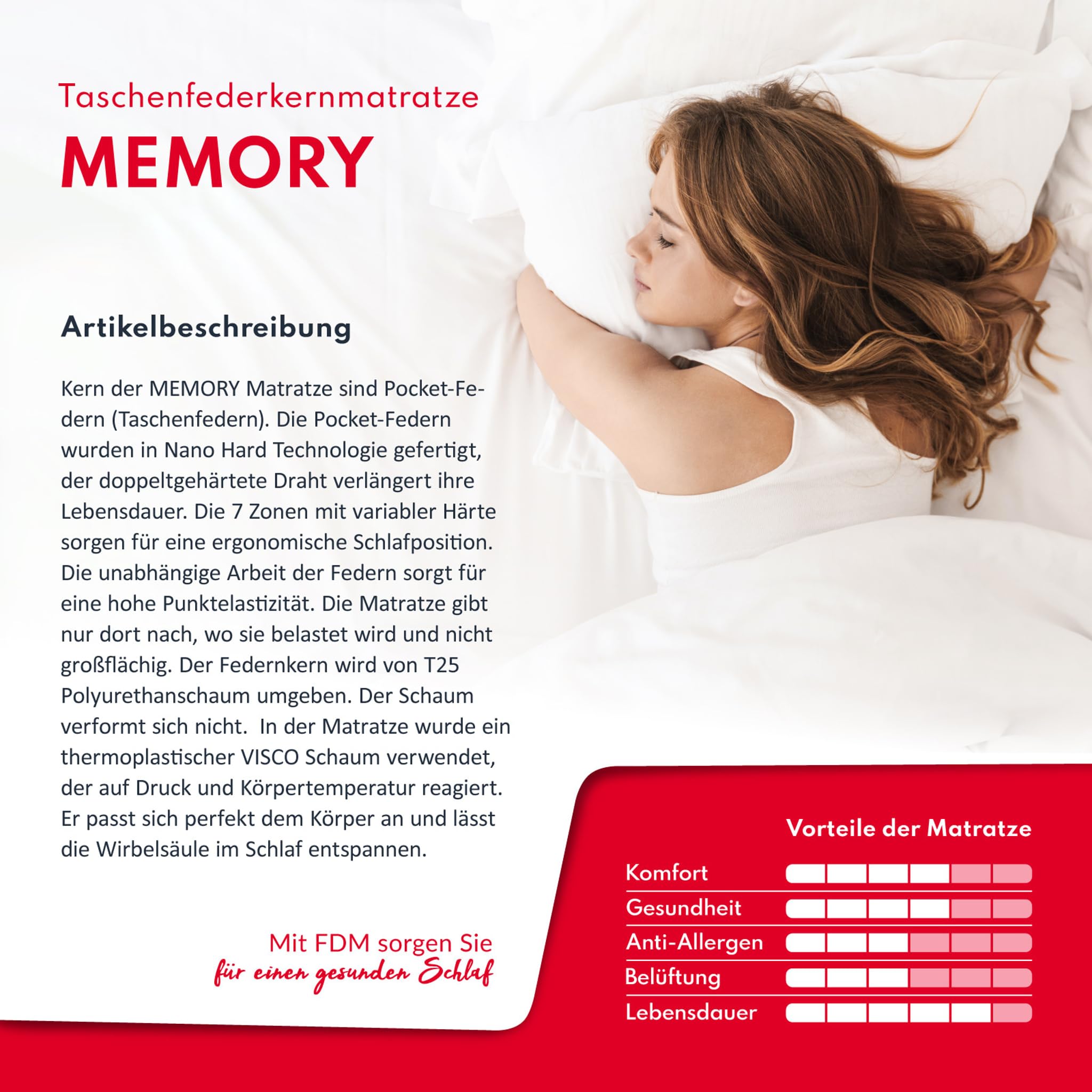 FDM Matratze 160x200 cm Härtegrad H2 H3 Höhe 27 cm Taschenfederkernmatratze Visco-Schaum Polyurethan-Schaum 7 Komfortzonen mit Hypoallergenem Waschbarem Premium-Bezug Oeko-Tex Memory Duo
