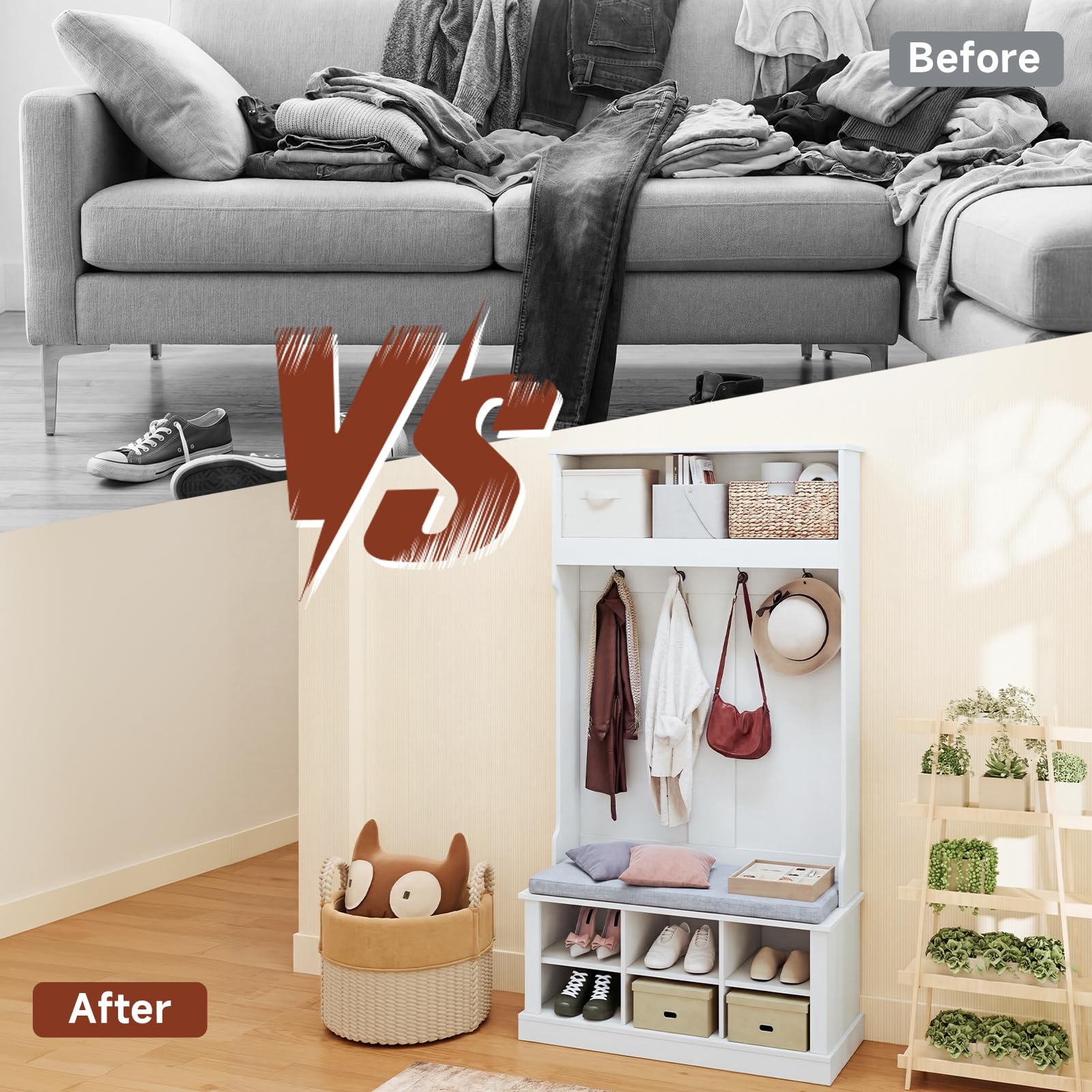 HAUSPROFI Flurgarderobe mit Sitzbank platzsparend 100×40×170 cm, 4 Haken + verstellbare Böden, stabile Spanplatte-MDF, graues Leinenkissen, für Diele, Flur & Wohnzimmer (Weiß)