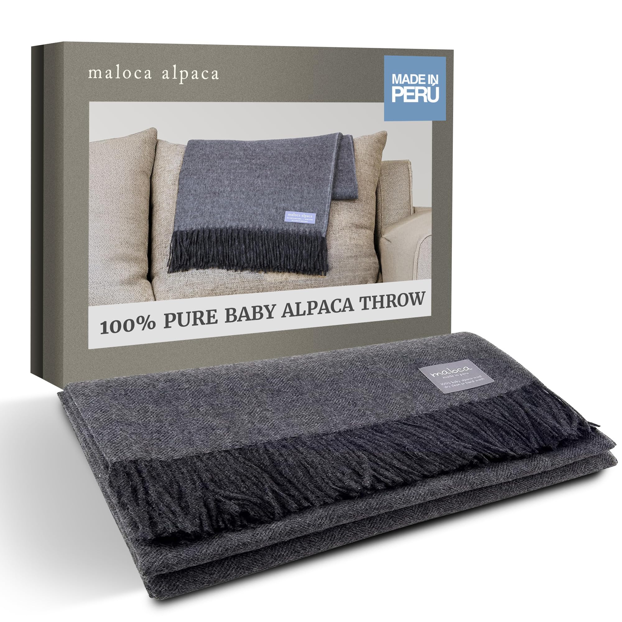 100% Baby Alpaca Wool Herringbone Weave - Limited Production Ethically Sourced Throw Blanket Warmer Than Wool - Decorative Comfy Blanket for Couch, Sofa, or Beds - Charcoal