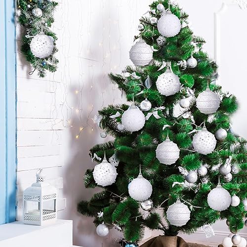Miniatura 4 de Poen 12 adornos de bolas de Navidad blancas, bolas de Navidad de lentejuelas de 2.76 pulgadas, adornos blancos para árbol de Navidad, adornos de