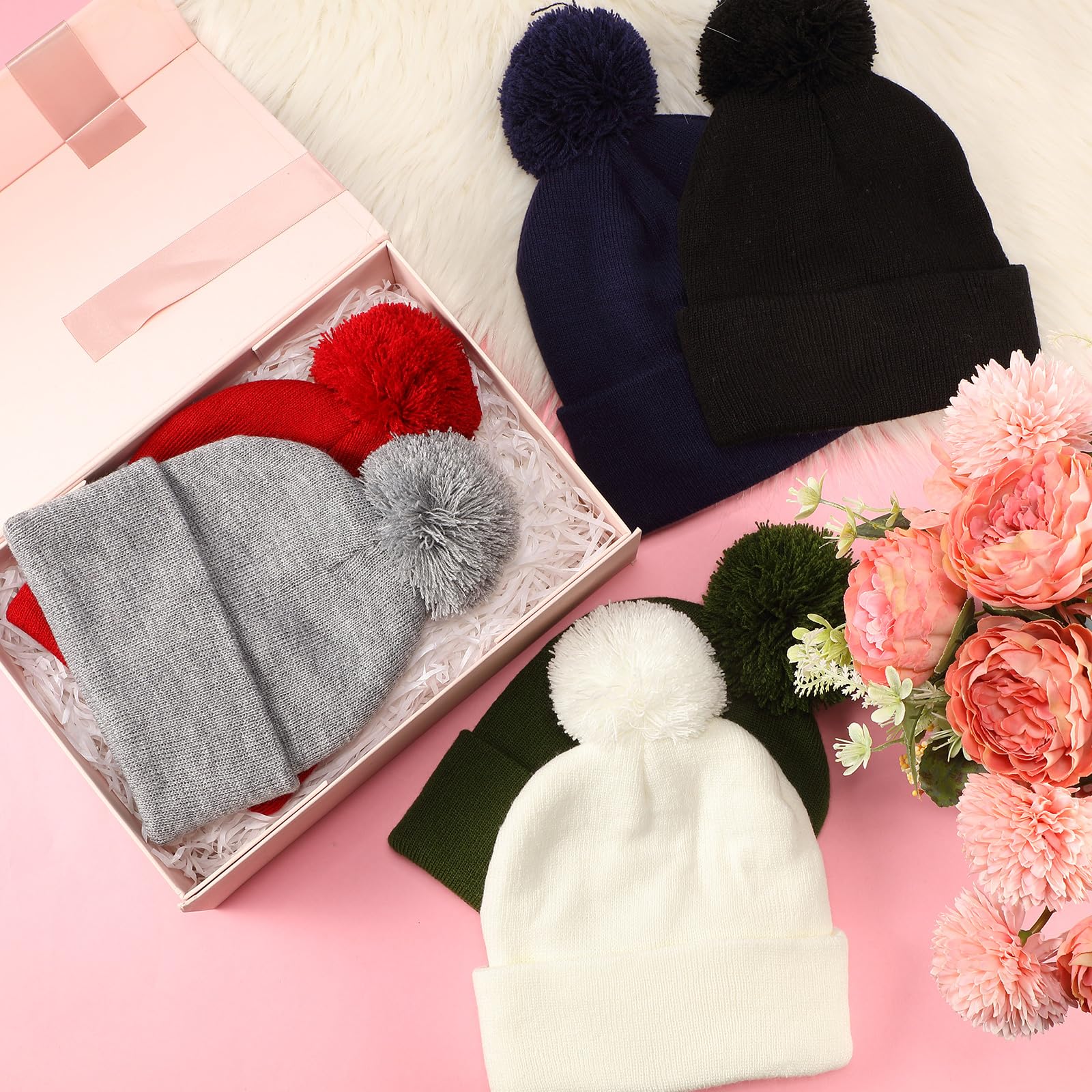 Yaomiao 6 gorros de punto de invierno para mujer, con pompón de piel sintética, universales, de felpa, para hombres, mujeres y adultos, Negro, azul marino, verde militar, gris lino, borgoña, blanco,