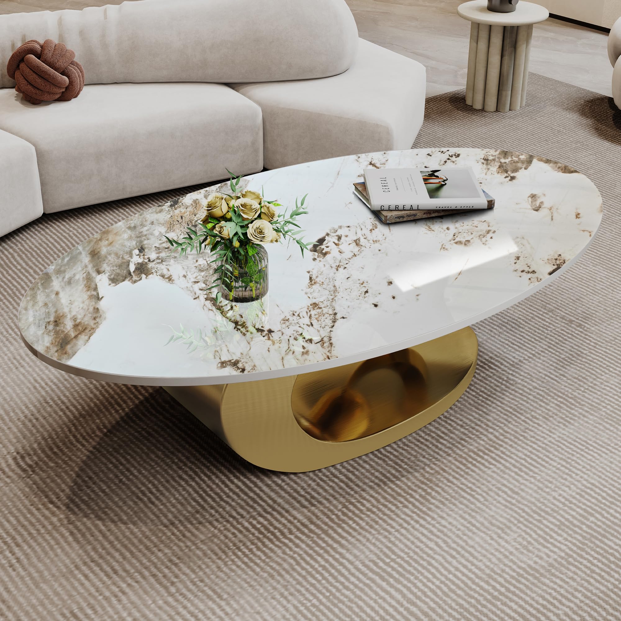 Modern Coffee Table with Gold Stainless Steel Pedestal,Oval