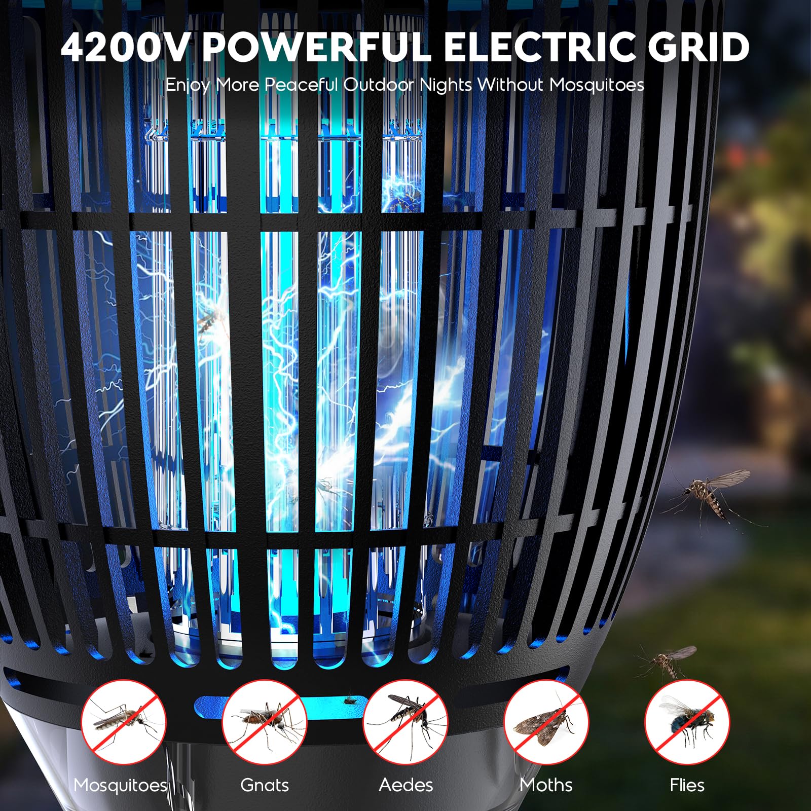 Anysun Antimosquitos Exterior Solar, Lámpara Mata Mosquitos 4200V con Luz de Llama y Proyector Nebulosa, Batería Recargable 3000mAh, USB, IPX5, Sensor Inteligente, para Terraza, Jardín (Negro)