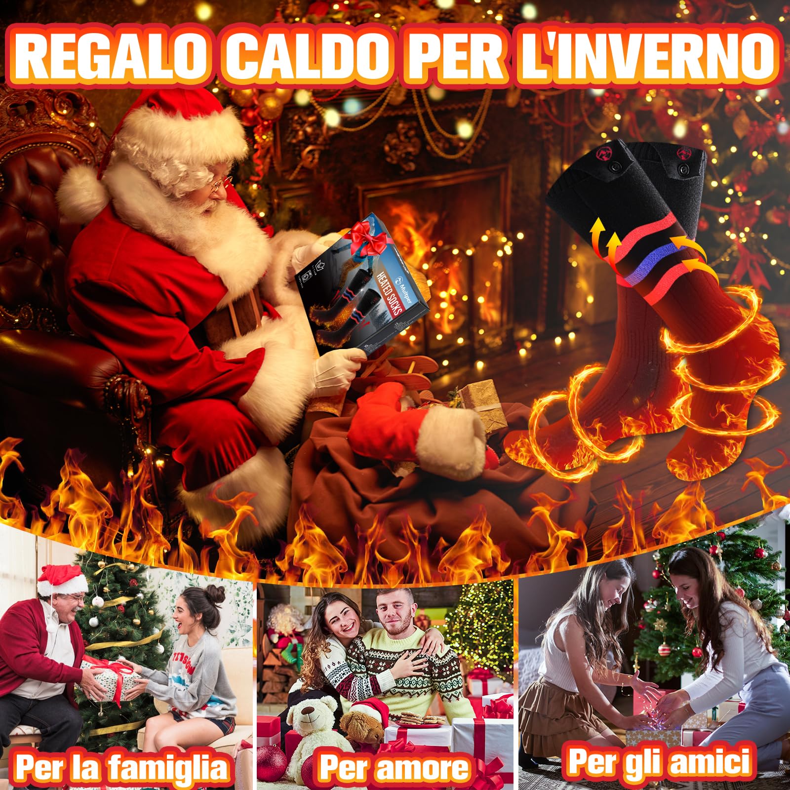 Multper Calze Riscaldate a Batteria per Uomo e Donna, 2×5000mAh Calze Termiche Ricaricabili, 3 Livelli di Calore, Calzini Termici Lavabili, Scaldapiedi Elettrico per Sport, Sci, Campeggio