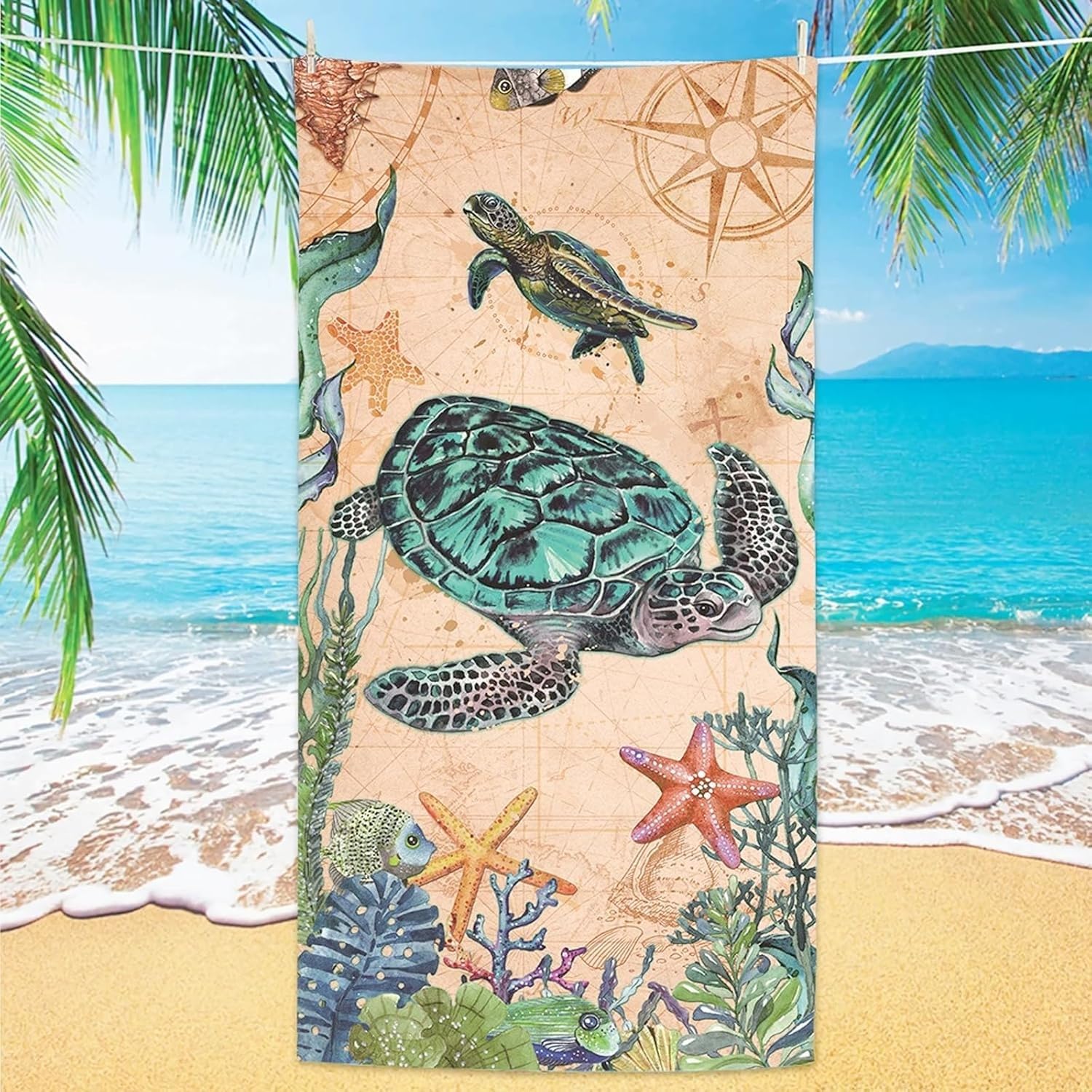 YZQGLHP Sea Turtle Microfibre Beach Towel Starfish Beach Bath Towel Quick Drying, Lightweight, Sand-Free, Durable, for Pool, Gym, Camping, Travel Towel 80x180cm
