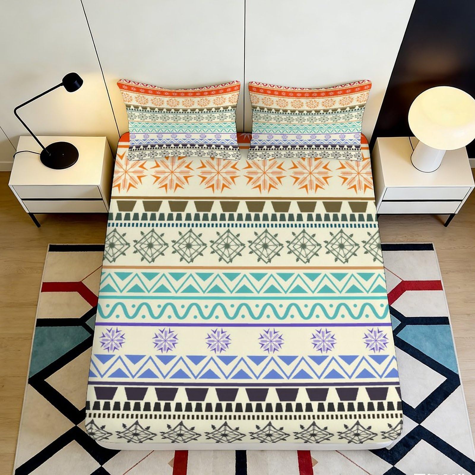 3D Printed Aztec Tribal Pattern Fitted Sheet Microfiber Soft Breathable Geometric Stripe Mattress Cover for Bedroom Guest Room Decor 180x200x25cm