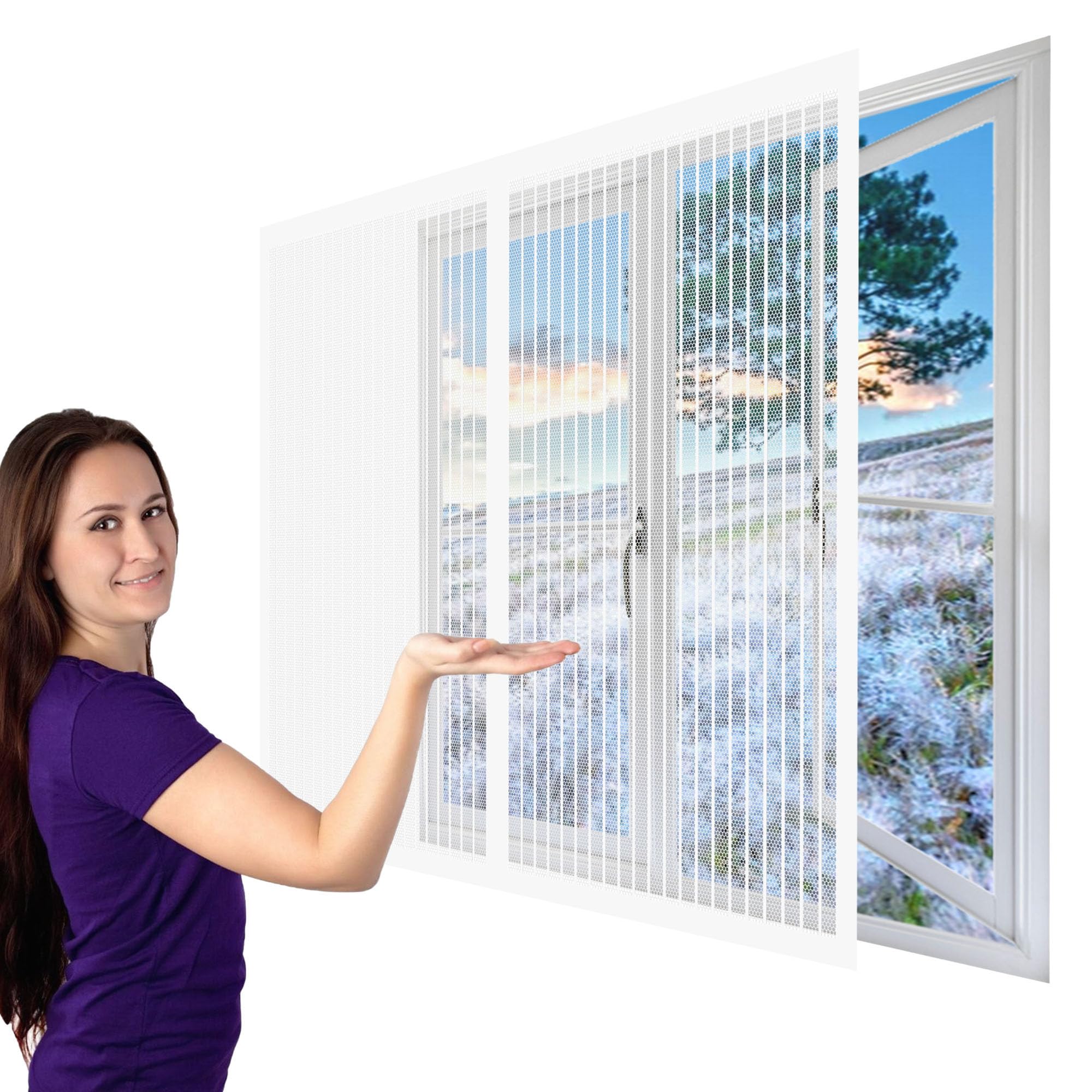 Magnetic Window Screen 110 x 115 cm Selfadhesive Tape DIY Window Bug Screen Kit Mosquito Easy Install for Windows Doors and Patio Screens, White