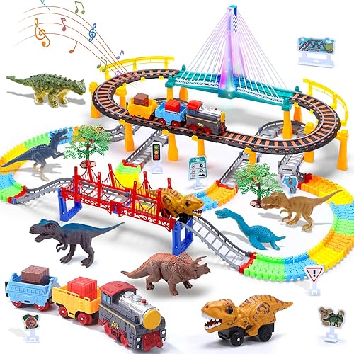 Juego de tren para niños pequeños, pista de tren eléctrico y pista de dinosaurio para niños y niñas de 3 a 8 años