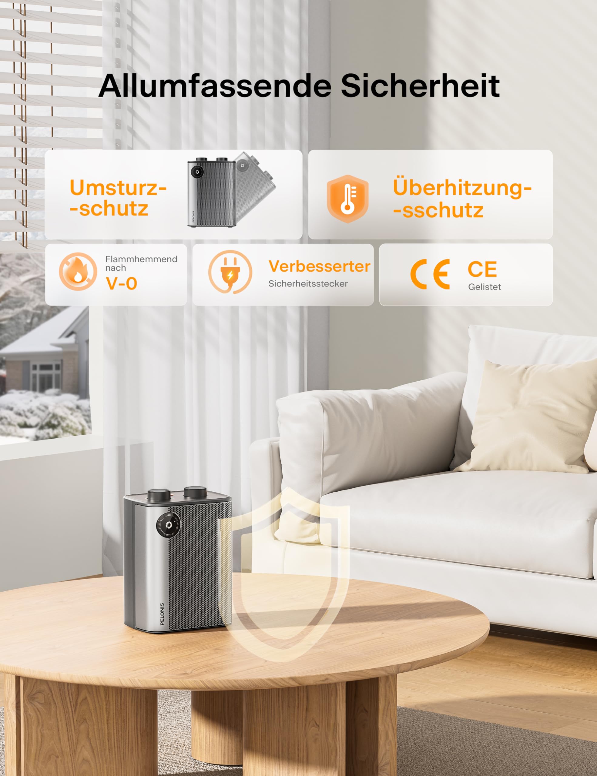 PELONIS Keramik Heizlüfter Mini 2000W, 2S Schnellheizung, 3 Heizstufen + Lüfter, Leise Tischheizung mit Überhitzungs & Kippschutz für Büro, Schreibtisch & Homeoffice
