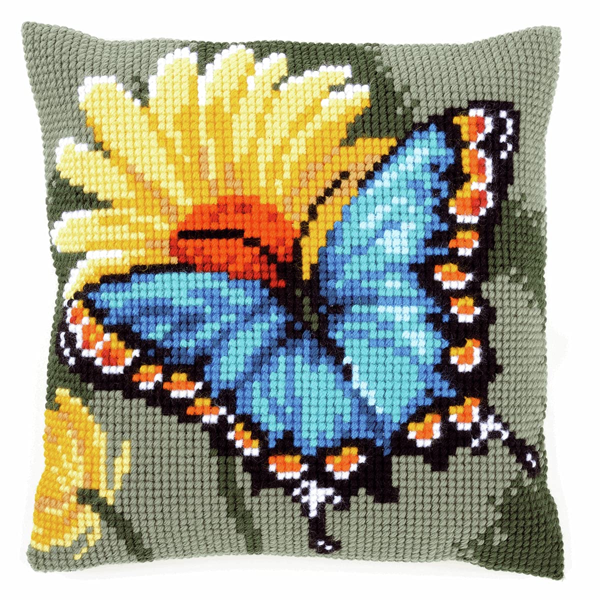 Vervaco Cross Stitch Kit: Cushion: Butterfly & Yellow Flower, COTTON, NA, 40 x 40cm
