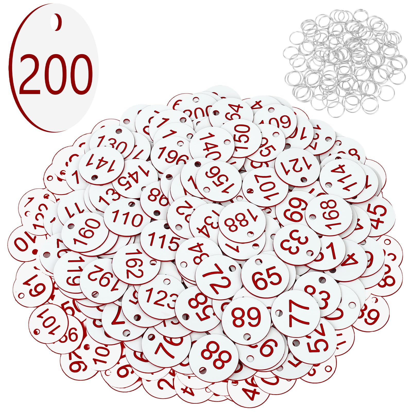 Flintronic 200 PCS Plastic Number with Key Rings, Engraved Numbered Tags, Plastic ID Tag Table Numbers, Discs Number-Tags for Office, Hotel, Mailbox, Dormitory (1-200, White)