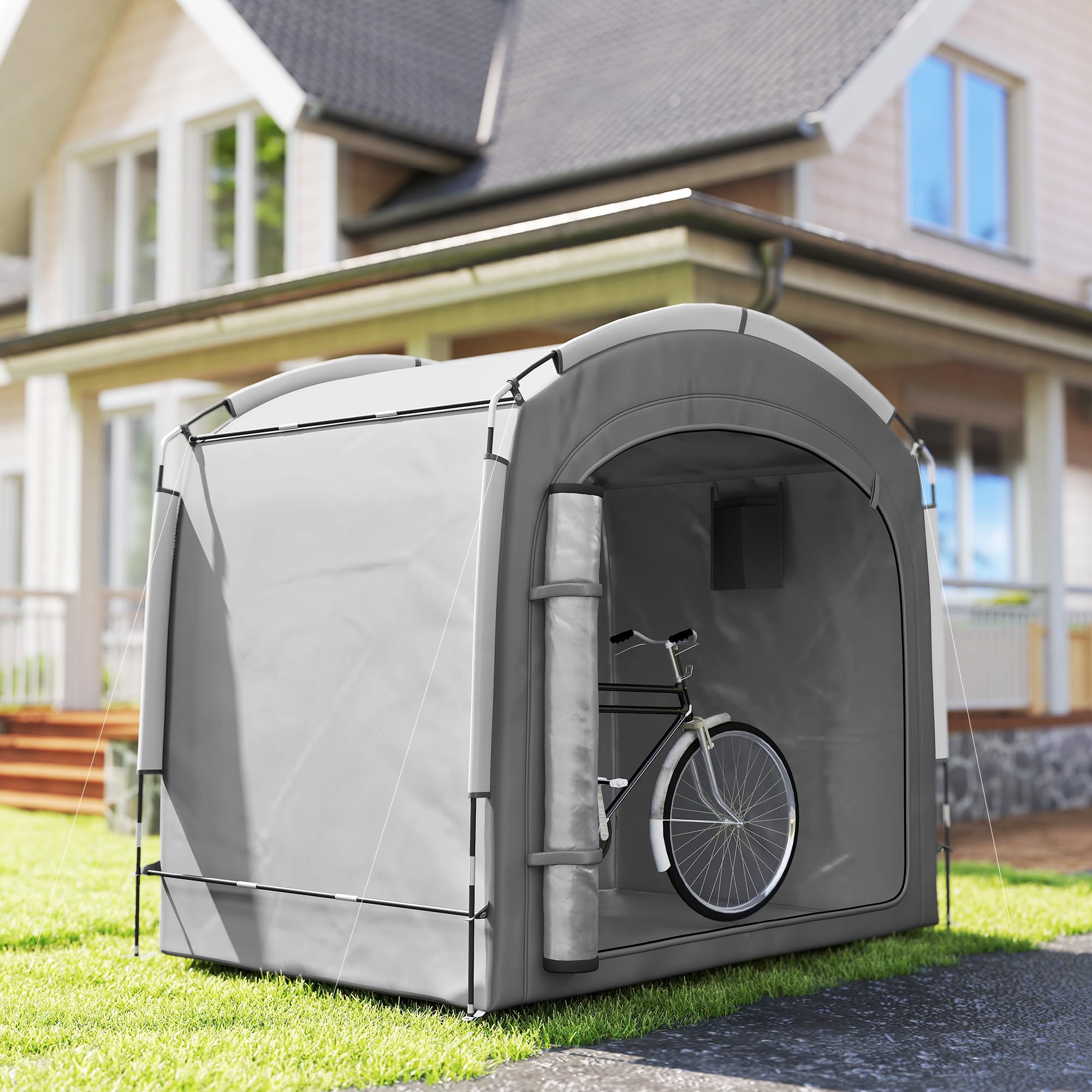 Outsunny Tienda para Guardar Bicicletas en el Exterior, cobertizo portátil para 3-4 Bicicletas con 2 Bolsillos Laterales, 205 x 140 x 188 cm, Gris Oscuro