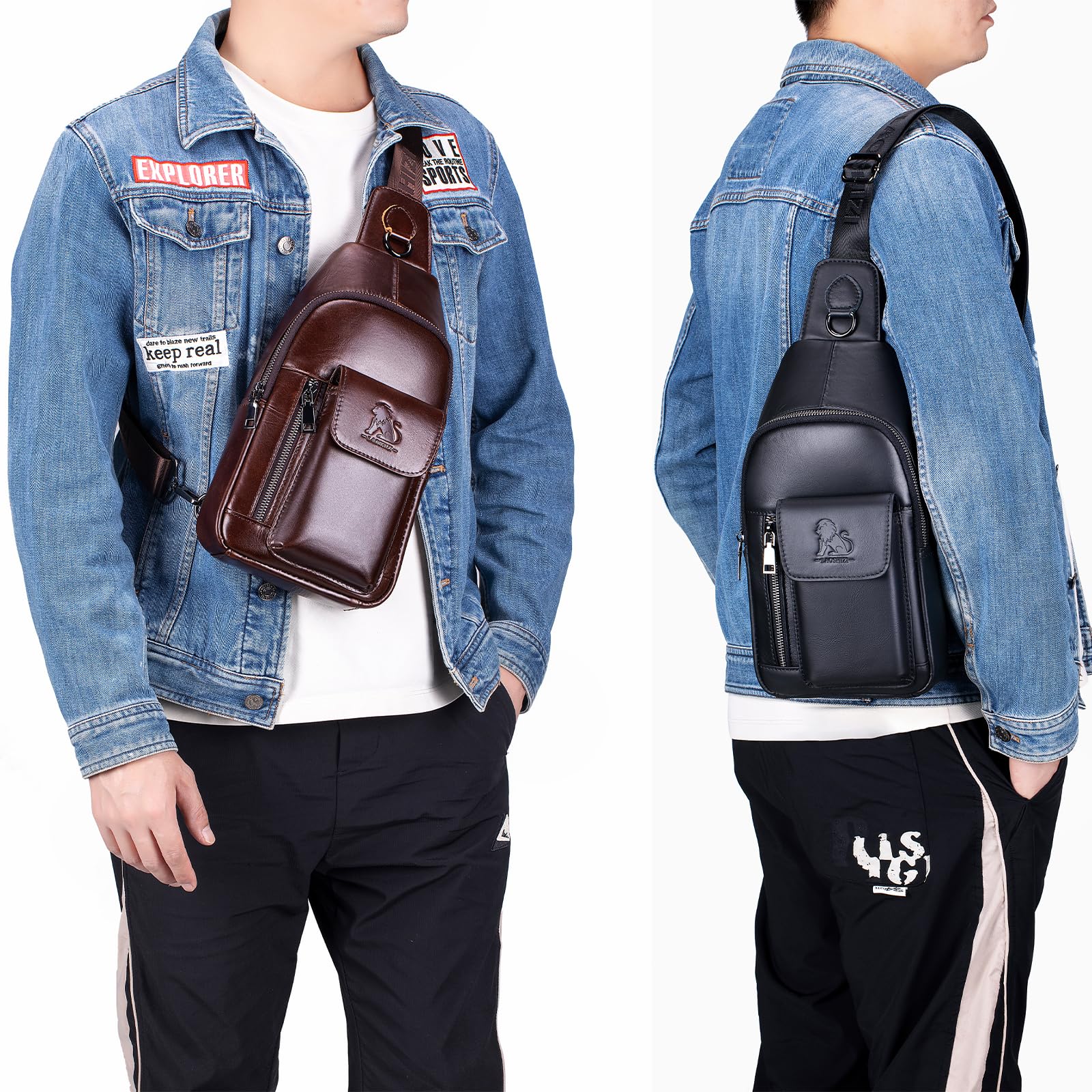 Sacoche Homme Cuir Véritable Bandoulière Réglable Sac de Poitrine Homme