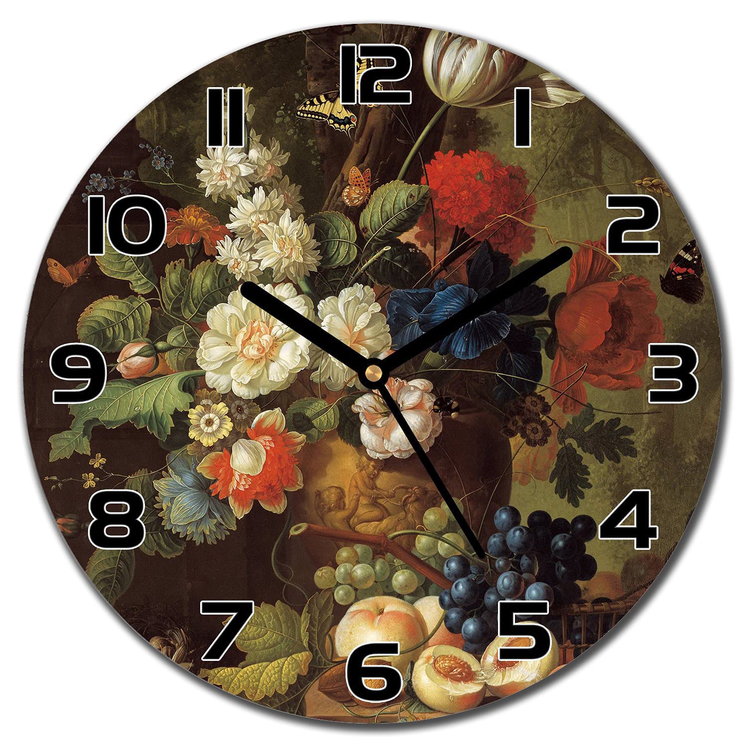 Horloge en verre lisible aiguilles noires fleurs vintage 30 cm