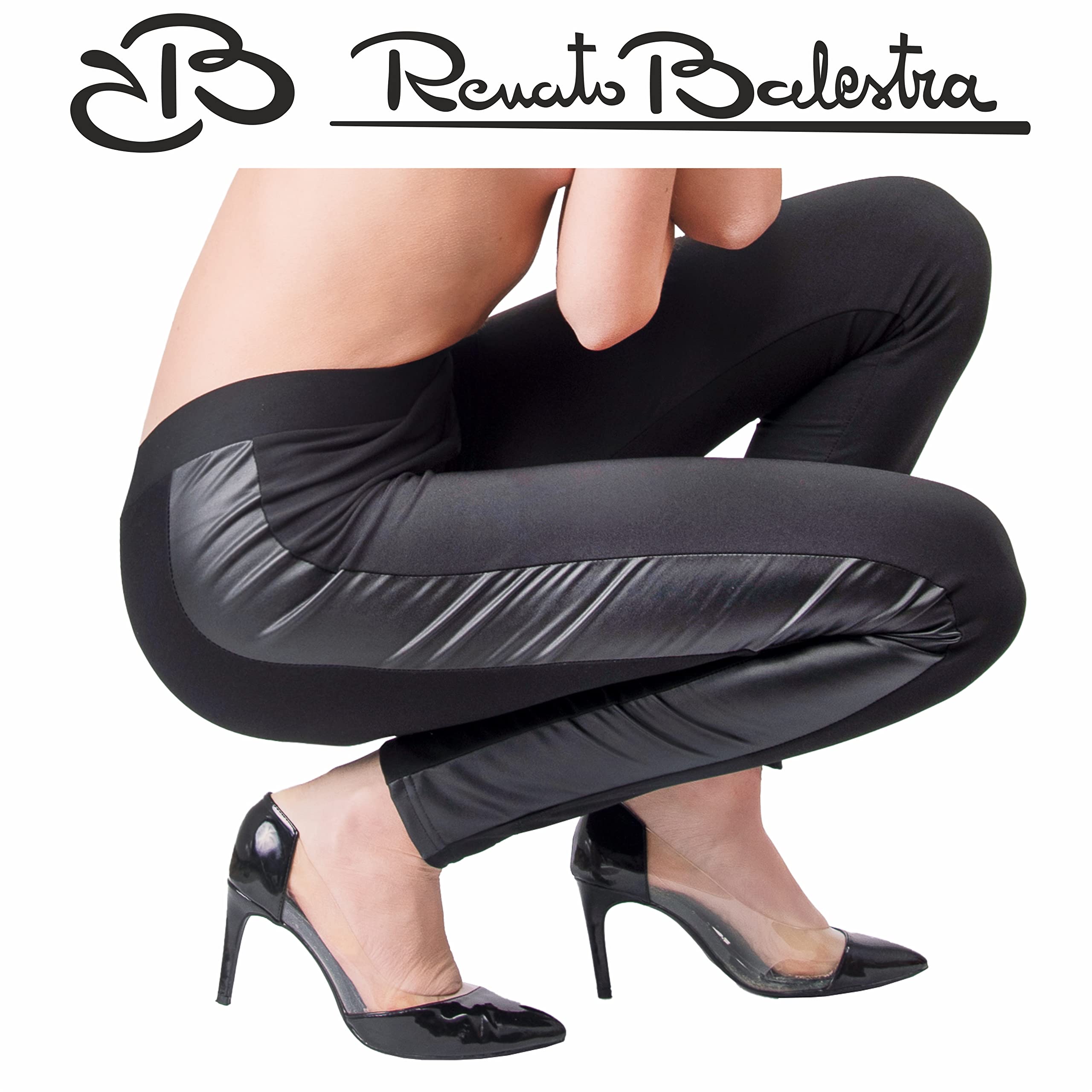 Renato Balestra Leggings da Donna Invernali con Fascia laterale Ecopelle - Elastici e Pratici - Adatti a Sport e Tempo Libero
