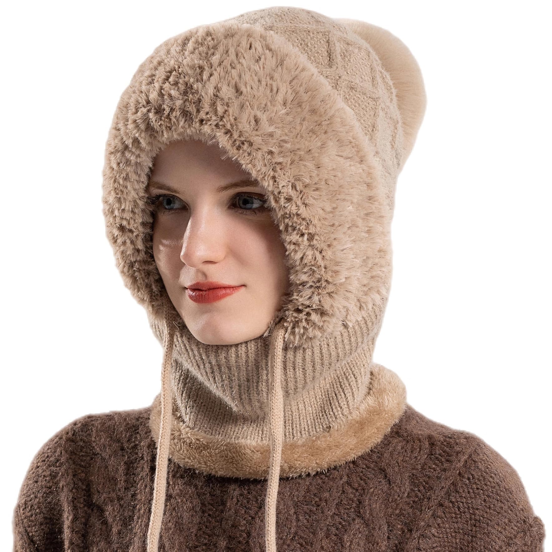 HUAMULAN Women Winter One Piece Beanie Hat Slouchy Fleece Balaclavas Face Mask Neck Scarf Set