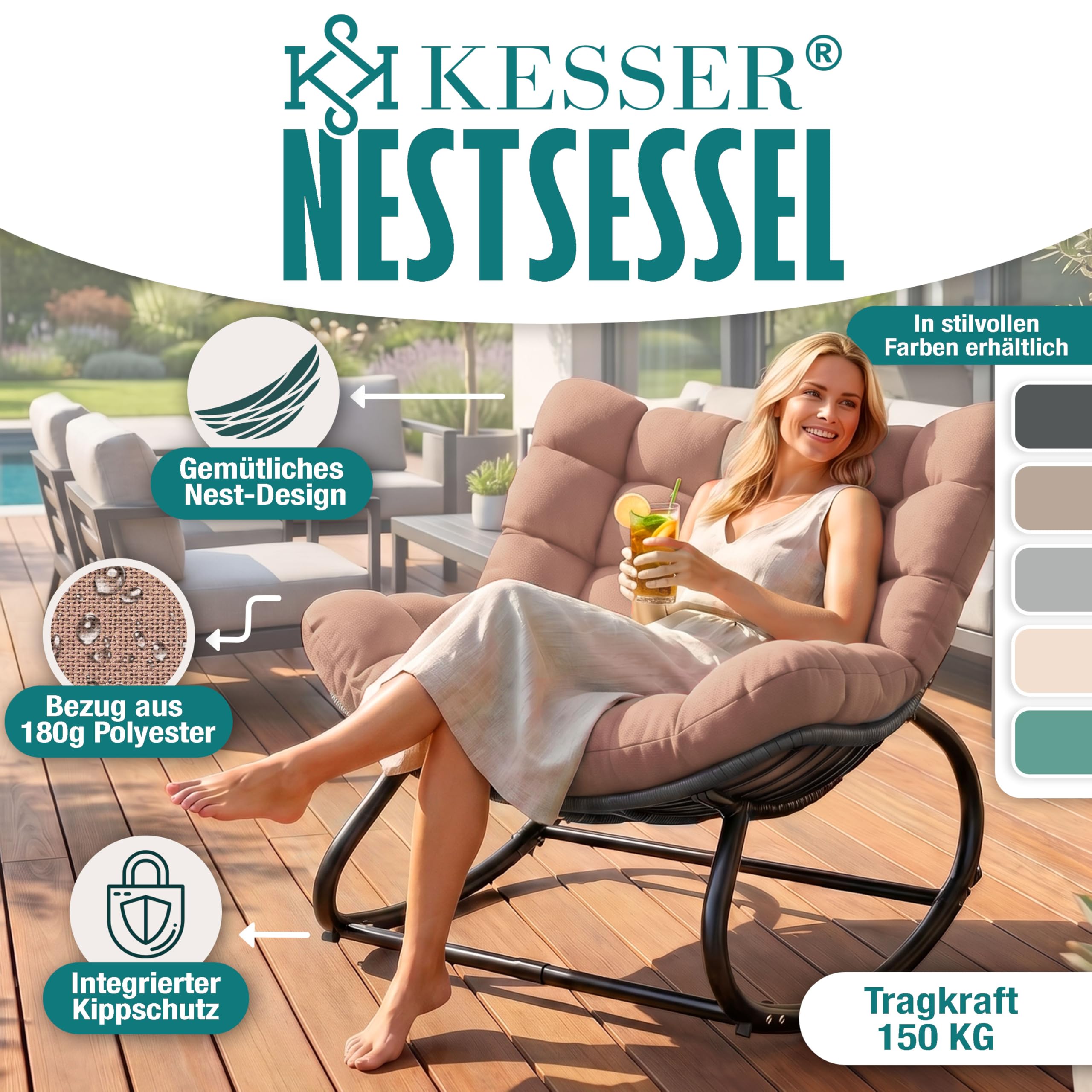 KESSER Mecedora ergonómica para interior y exterior, carga máxima de 120 kg, sillón relax con pies antideslizantes, resistente a la intemperie