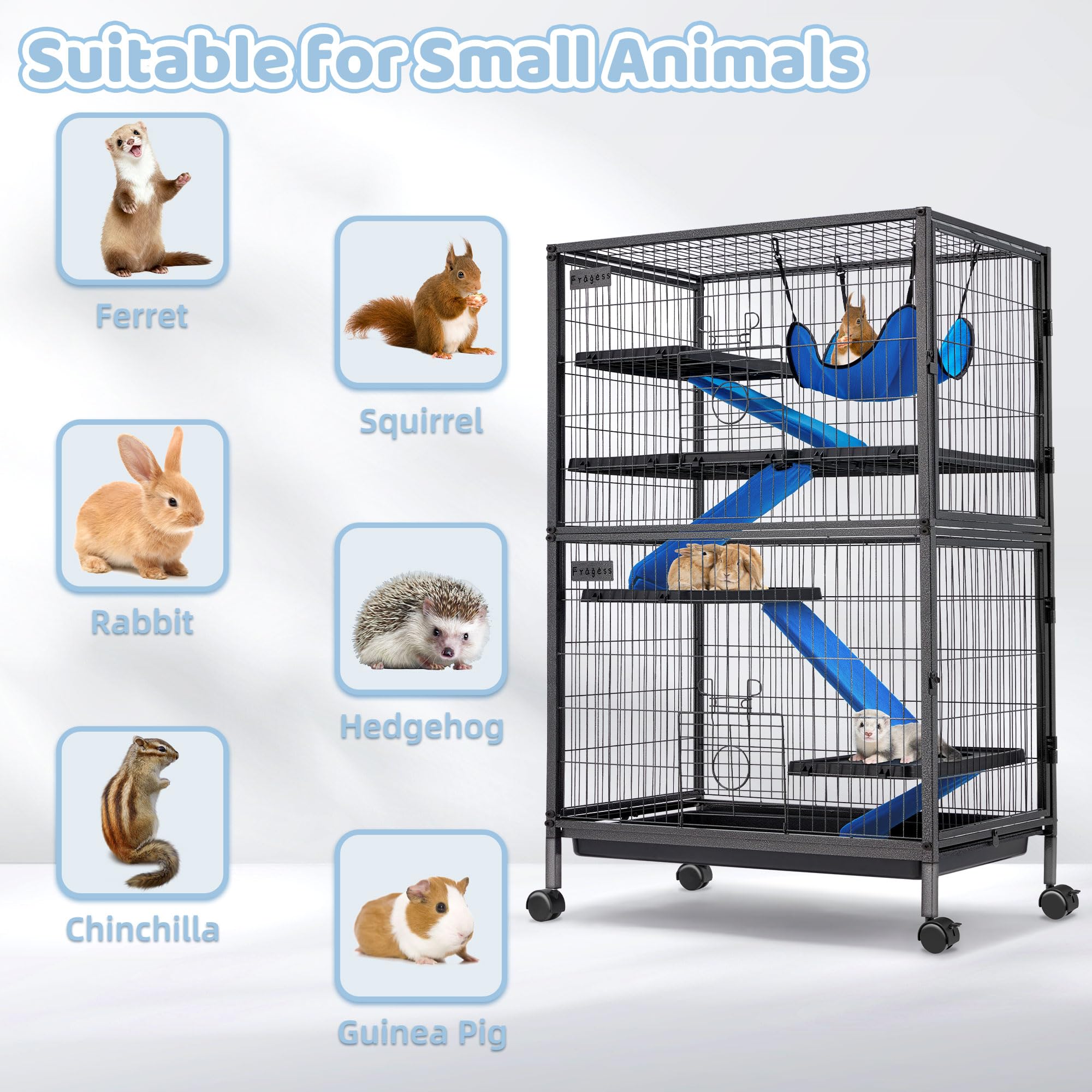 Fragess Kleintierkäfig, 127 cm hoch, Metall, rollbar, 5-stöckig, Meerschweinchenkäfig, Frettchenkäfig, Kaninchenkäfig, Chinchilla-Käfig für Ratten/Hamster, 1,3 cm Gitterabstand mit abnehmbarer Rampe