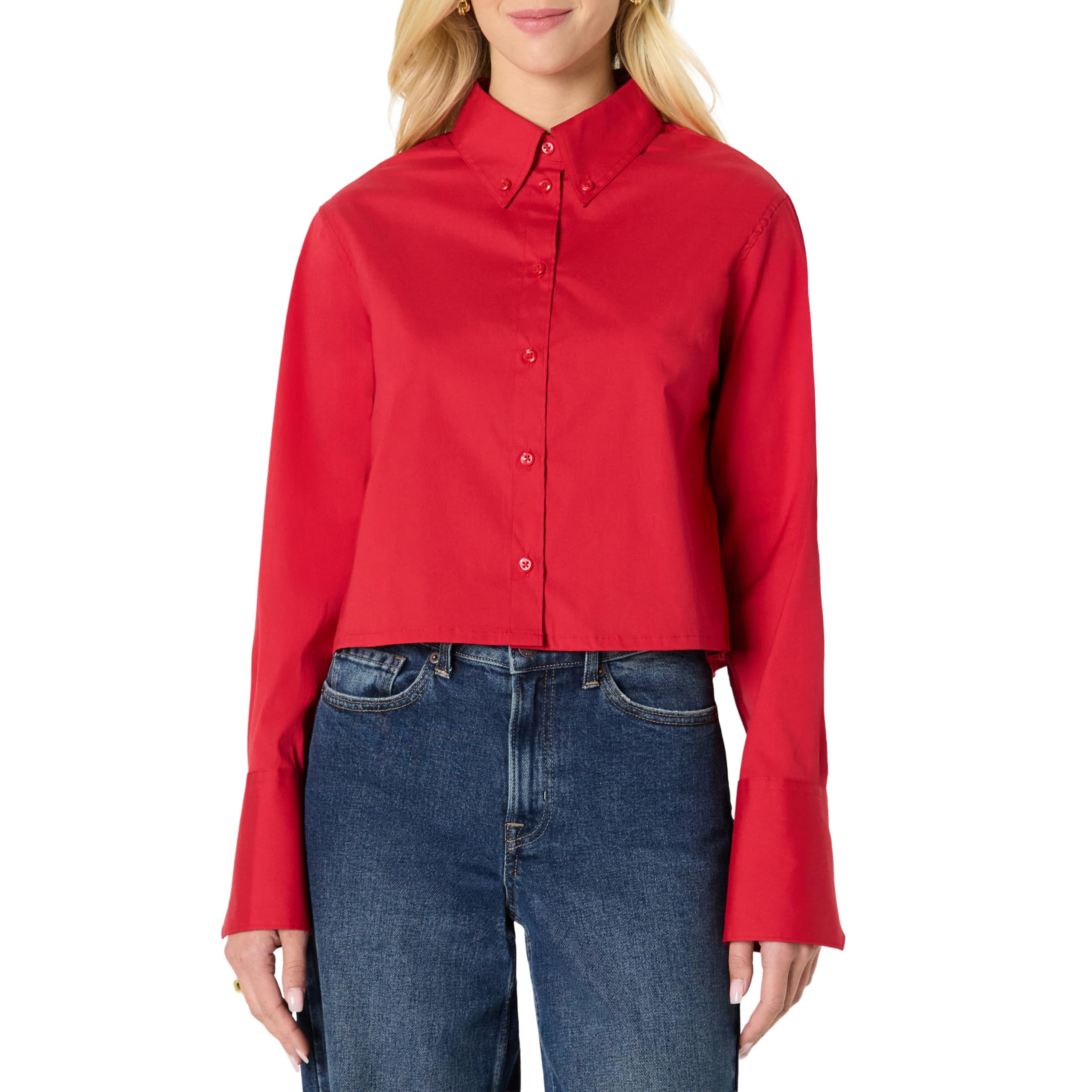 Amazon Essentials Women's Oversized-Fit Stretch Poplin Button-Down Dress Shirt, Cotton Blend, Red, XX-Large