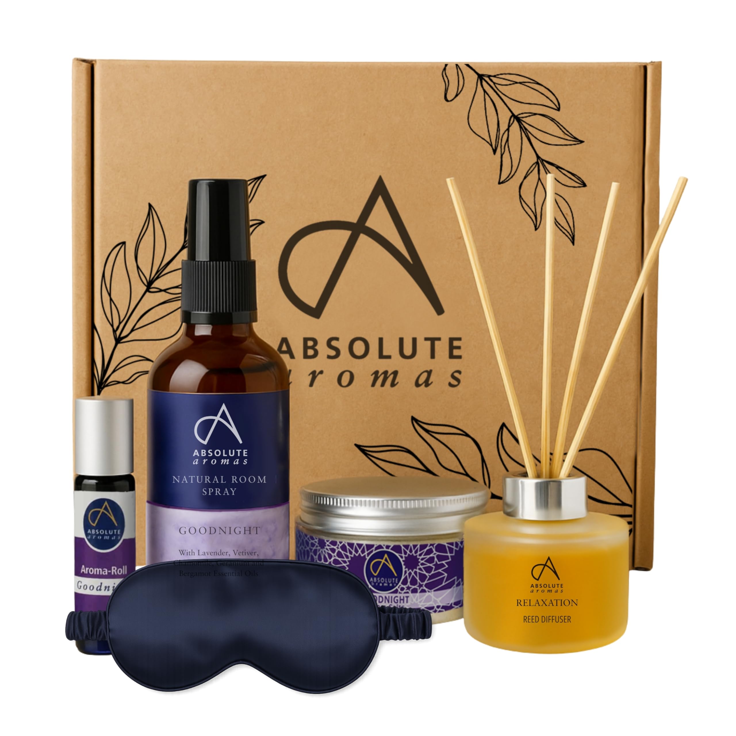 Absolute Aromas Sweet Dreams Coffret cadeau de sommeil – Vaporisateur d'ambiance Goodnight, boule roulante, sels de bain Epsom, diffuseur de parfum de relaxation et masque pour les yeux