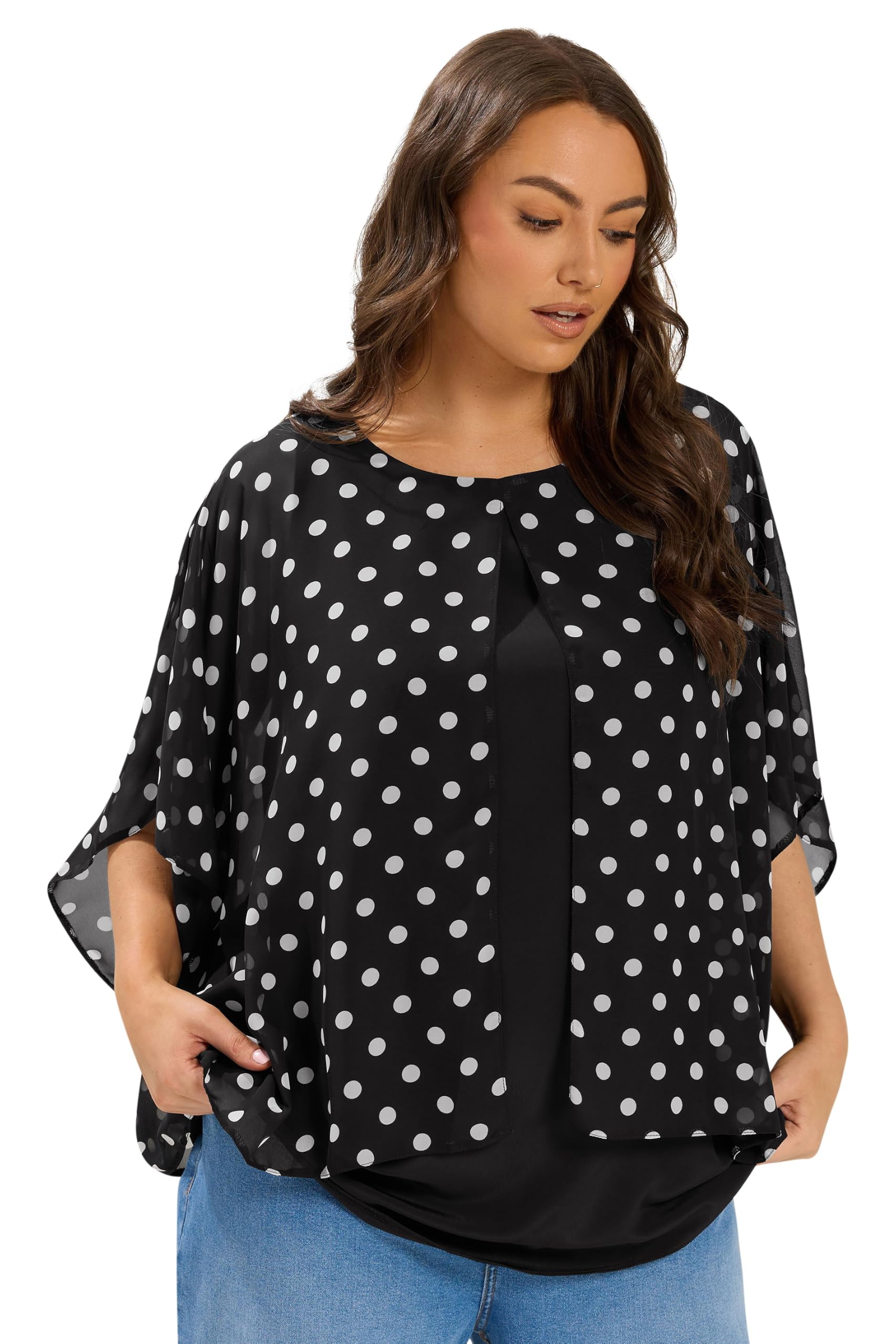 Yours Women's Black Polka Dot Double Layer Top In | Size: 22/24