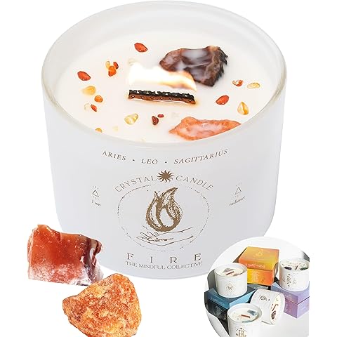 Aries, Leo, Sagittarius Gifts for Women - 12oz Wood Wick Candles That Crackle with Crystals and Healing Stones. Healing Crystal Candles for Women Home Scented. Soy Wax, for Zodiac Birthdate