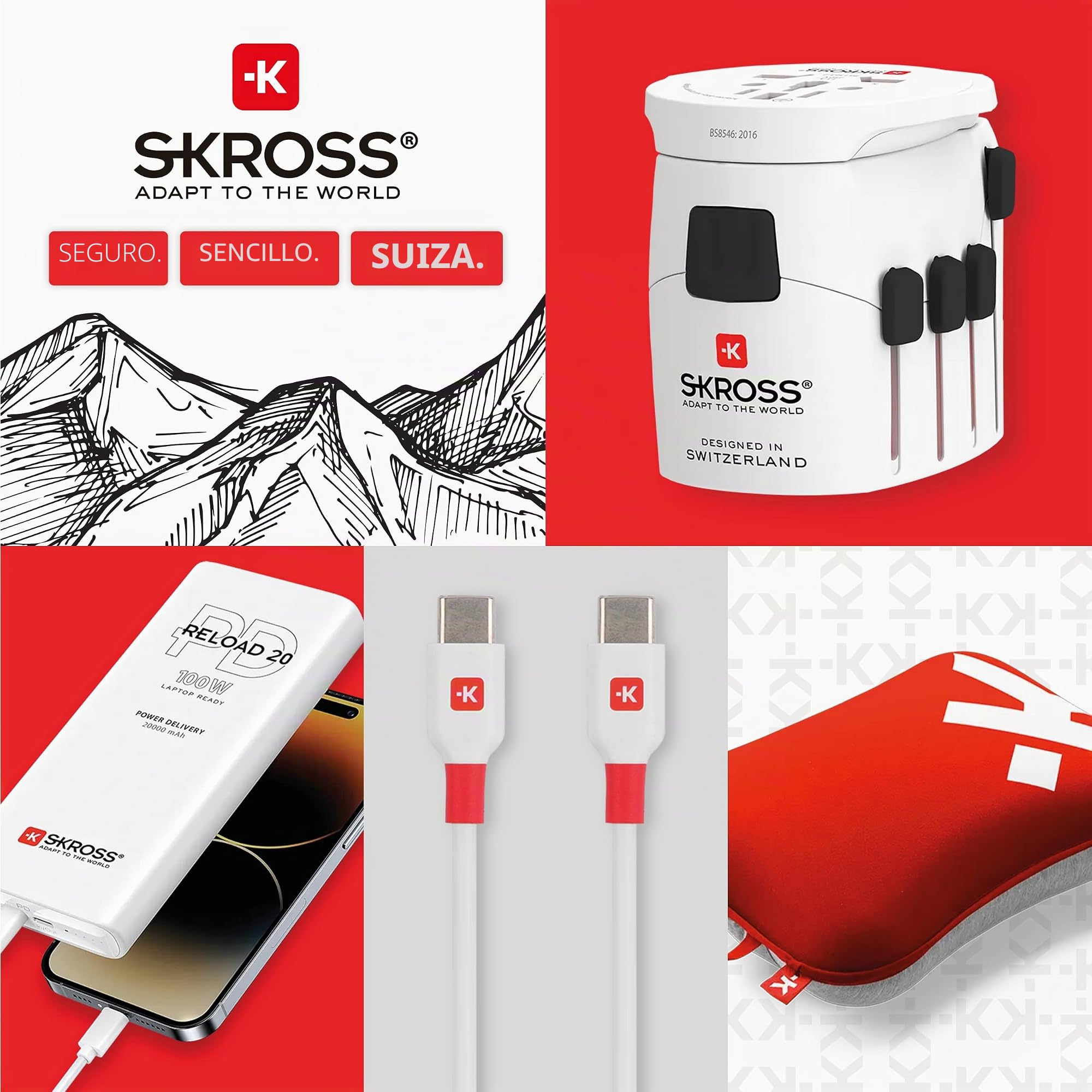 SKROSS - Pro Light USB AC45PD - Adaptador de Viaje Universal con 2 Puertos USB - Carga rápida 45W - Voltaje y Potencia: 100V CA - 700W / 250V - 1750W