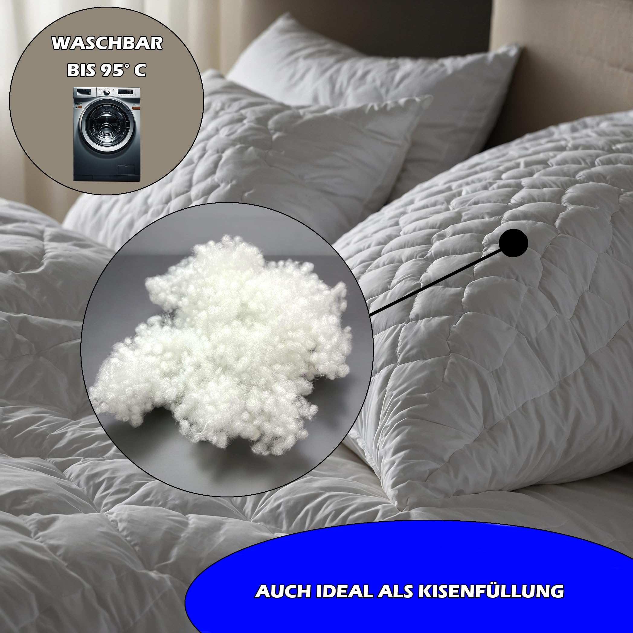 Ouate de remplissage 1 kg - Matériau de remplissage : ouate de bricolage - Lavable - Rembourrage en silicone - Housses de coussin en 100 % polyester